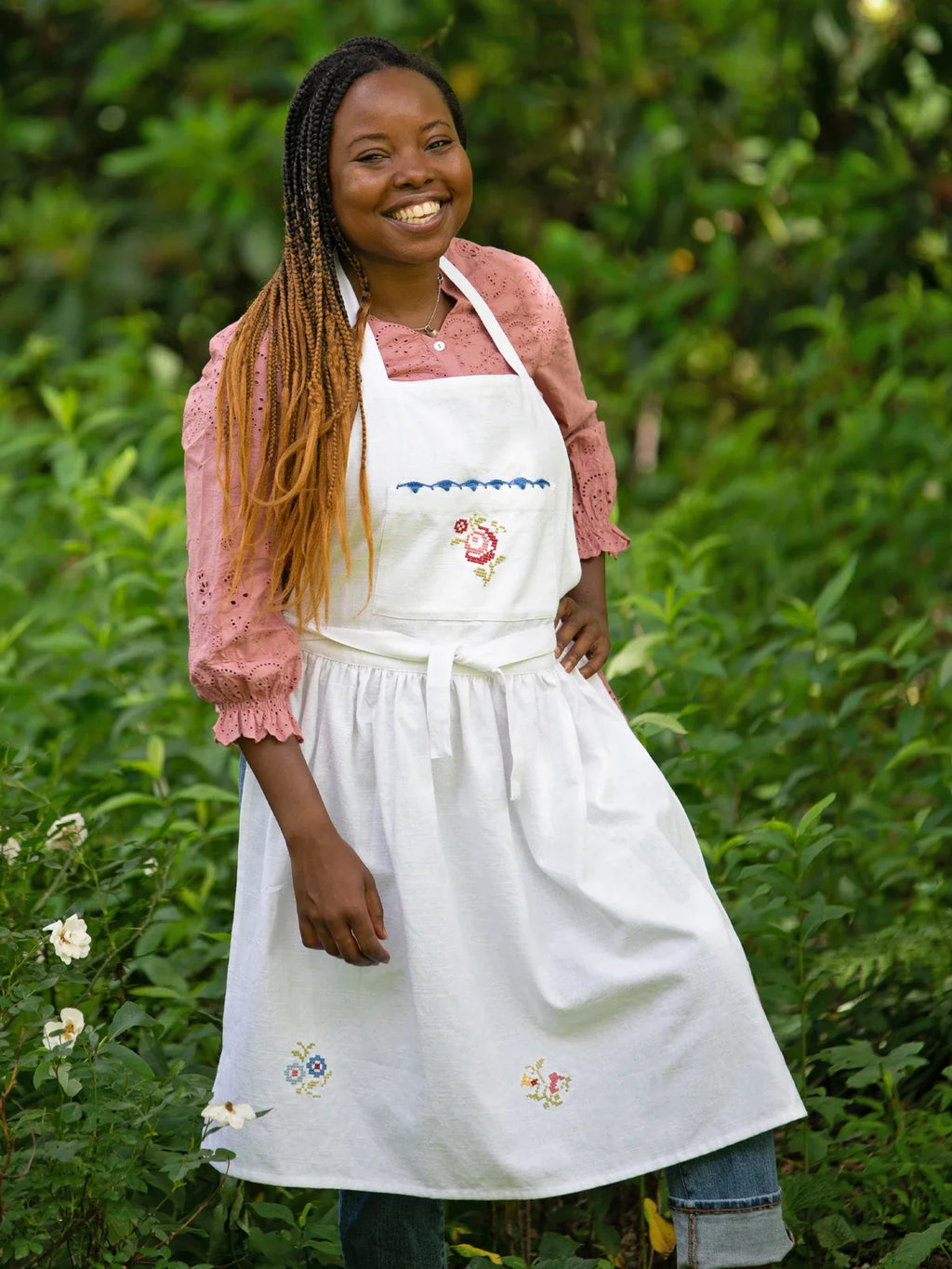 April Cornell Folklore Cross Stitch Embroidered Apron - White