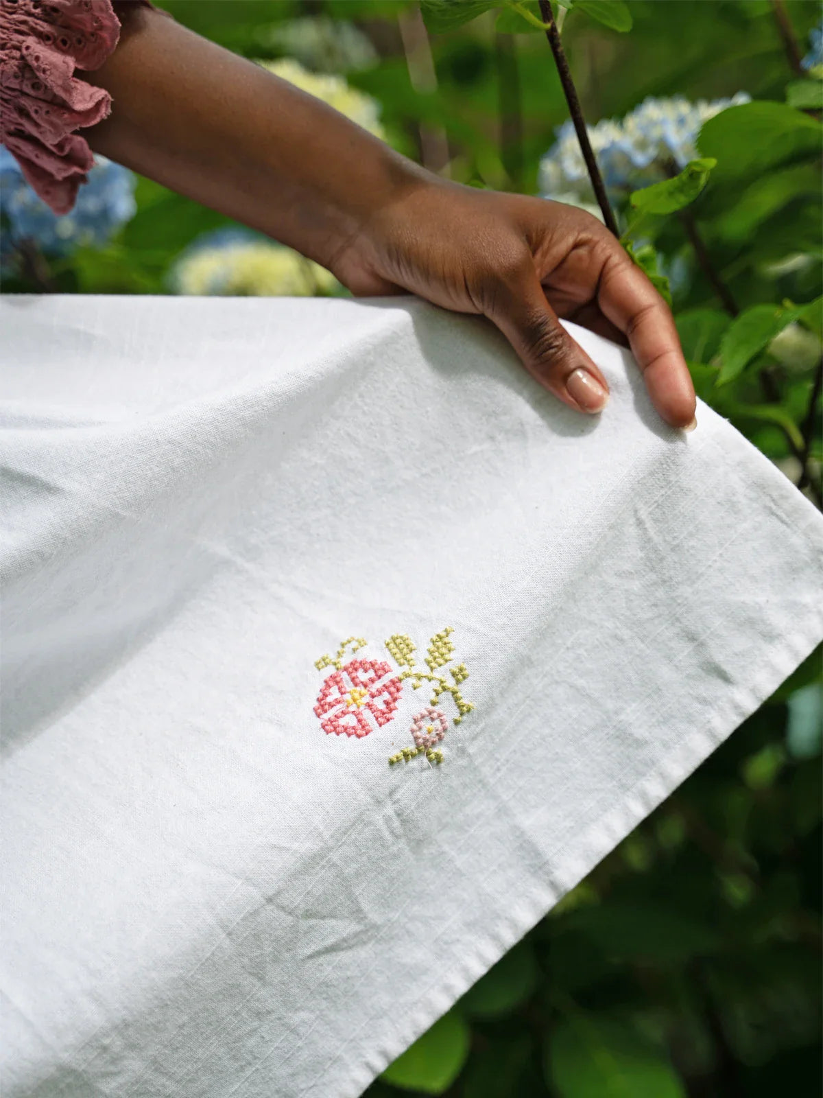 April Cornell Folklore Cross Stitch Embroidered Apron - White