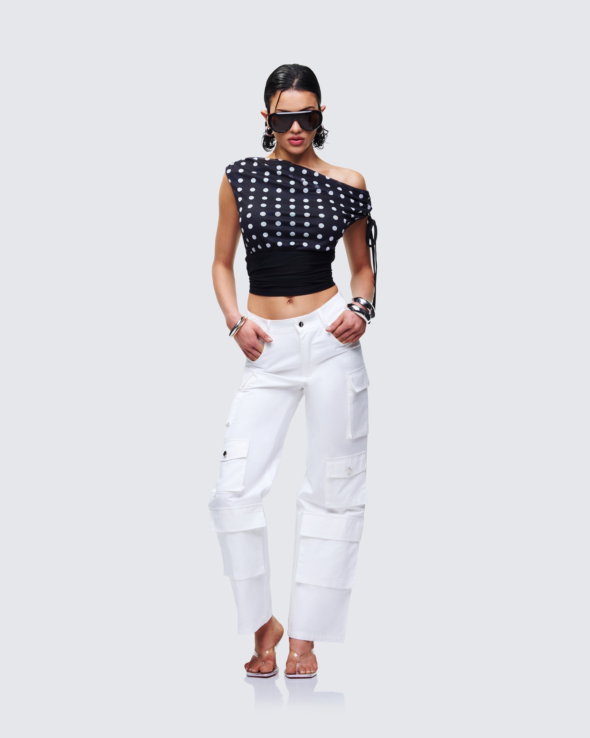 Finesse Ariana Black Polka Mesh Off Shoulder Top