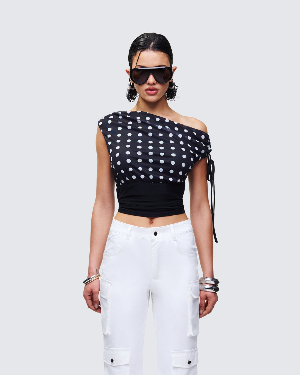 Finesse Ariana Black Polka Mesh Off Shoulder Top