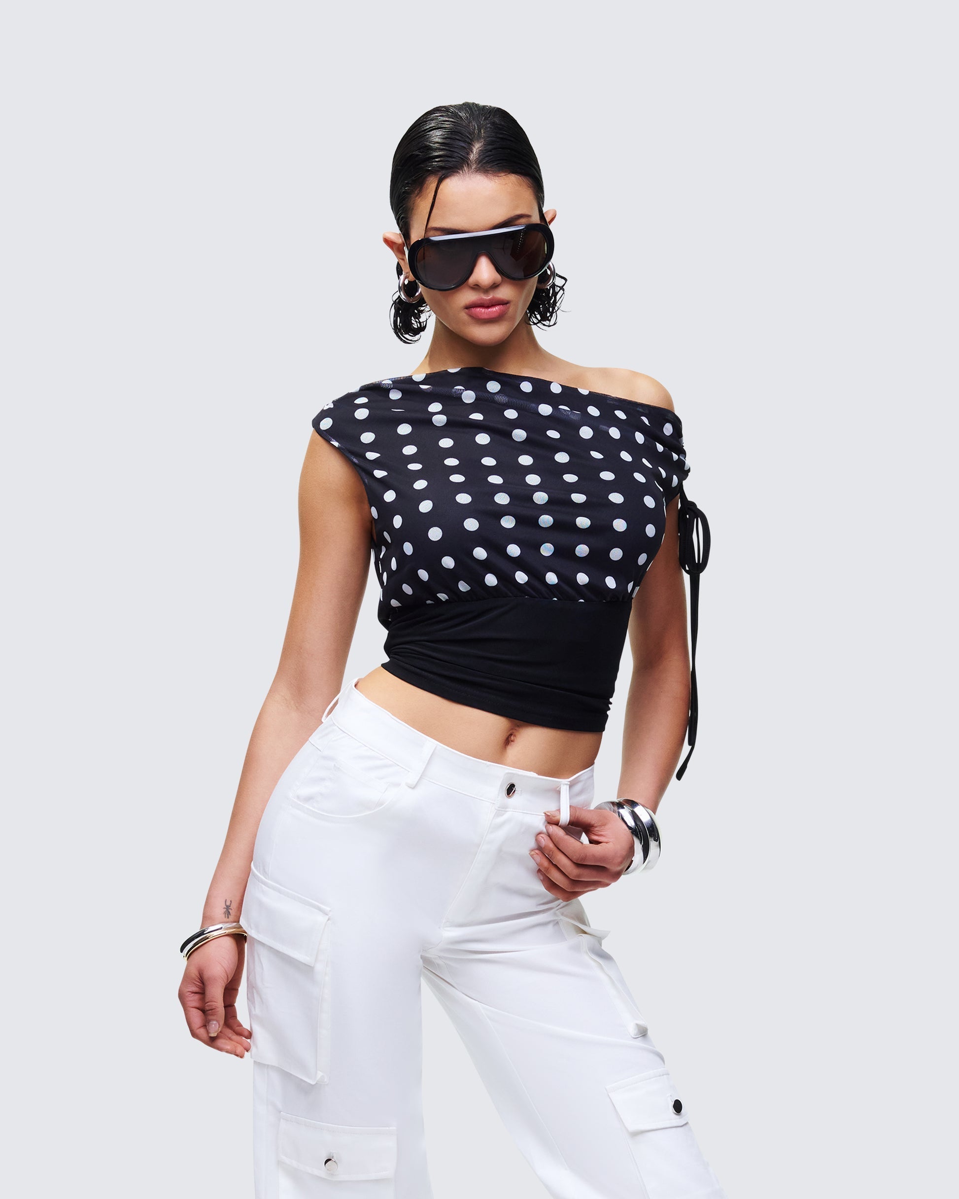 Finesse Ariana Black Polka Mesh Off Shoulder Top
