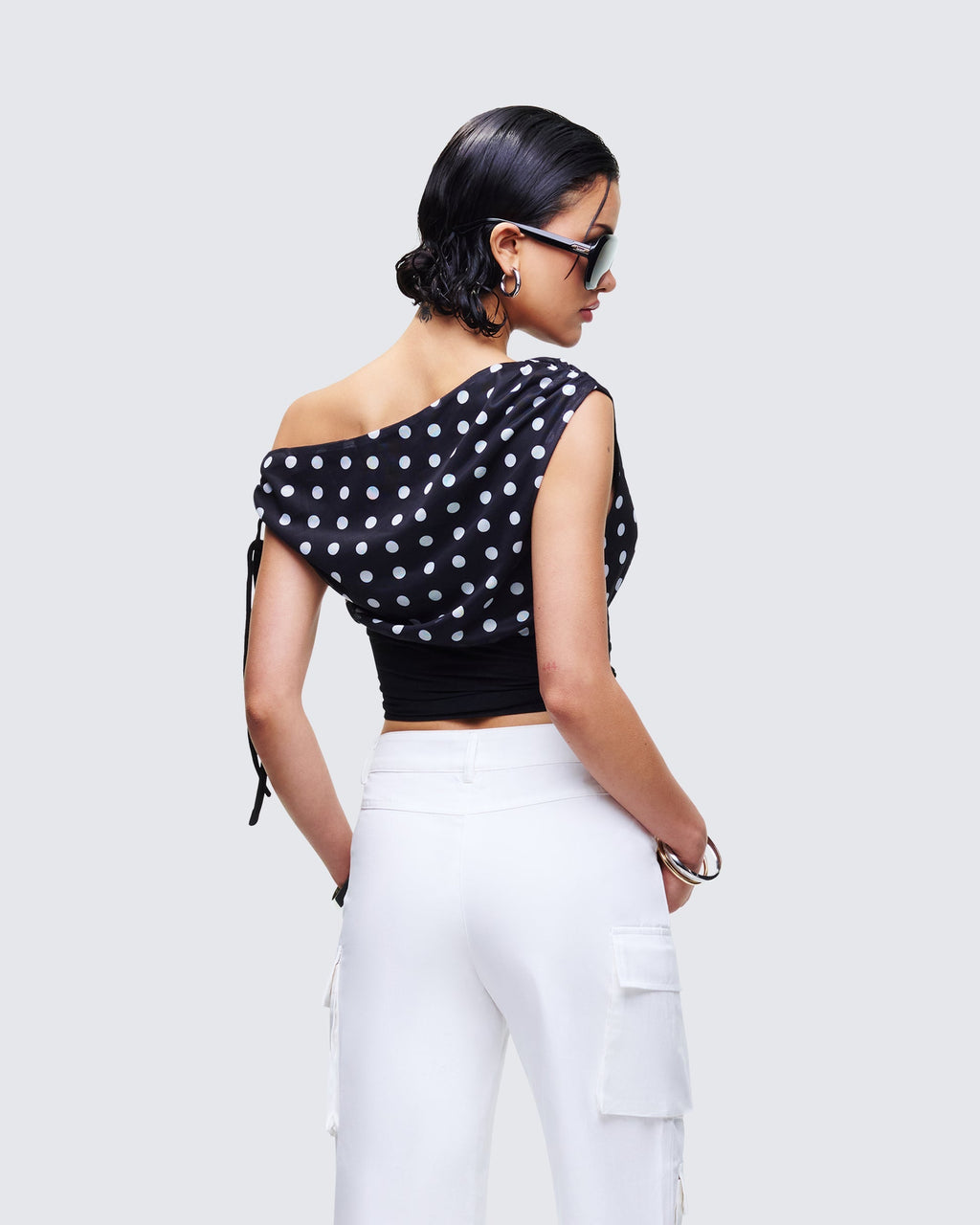 Finesse Ariana Black Polka Mesh Off Shoulder Top