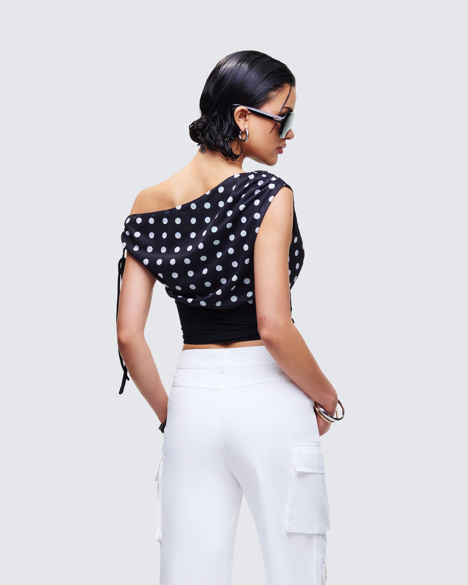 Finesse Ariana Black Polka Mesh Off Shoulder Top