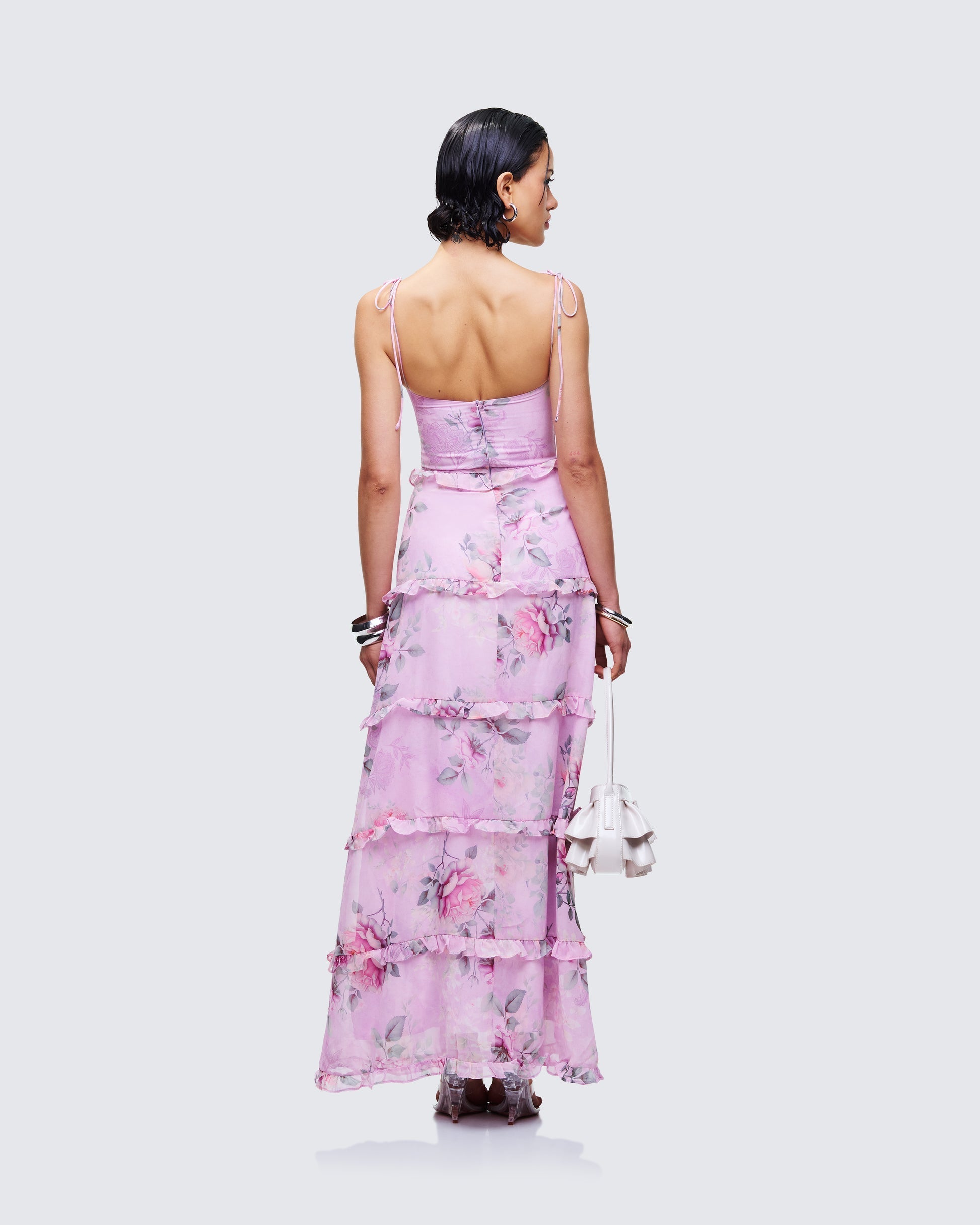 Finesse Aven Multi Printed Satin Ruffle Maxi Dress