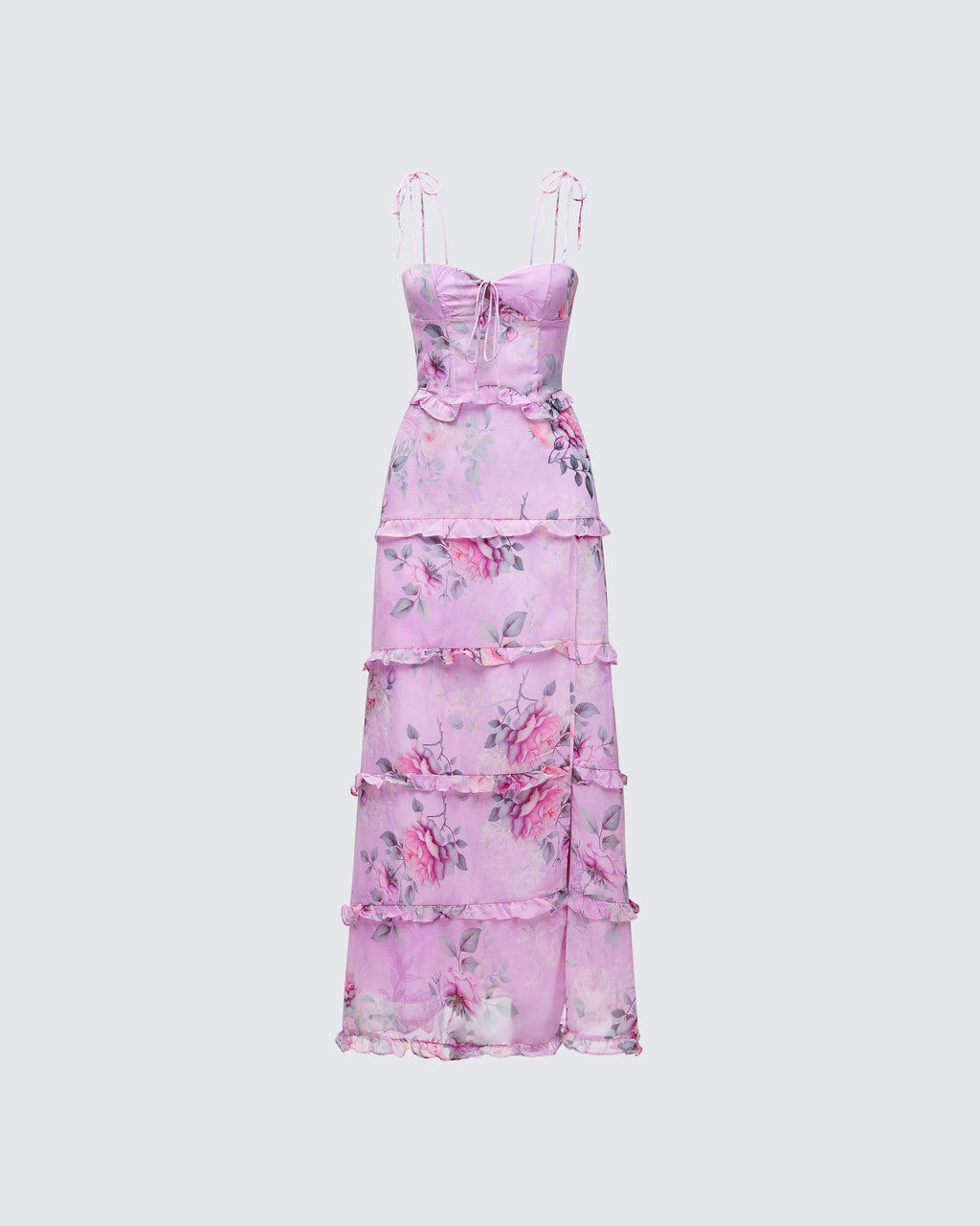 Finesse Aven Multi Printed Satin Ruffle Maxi Dress