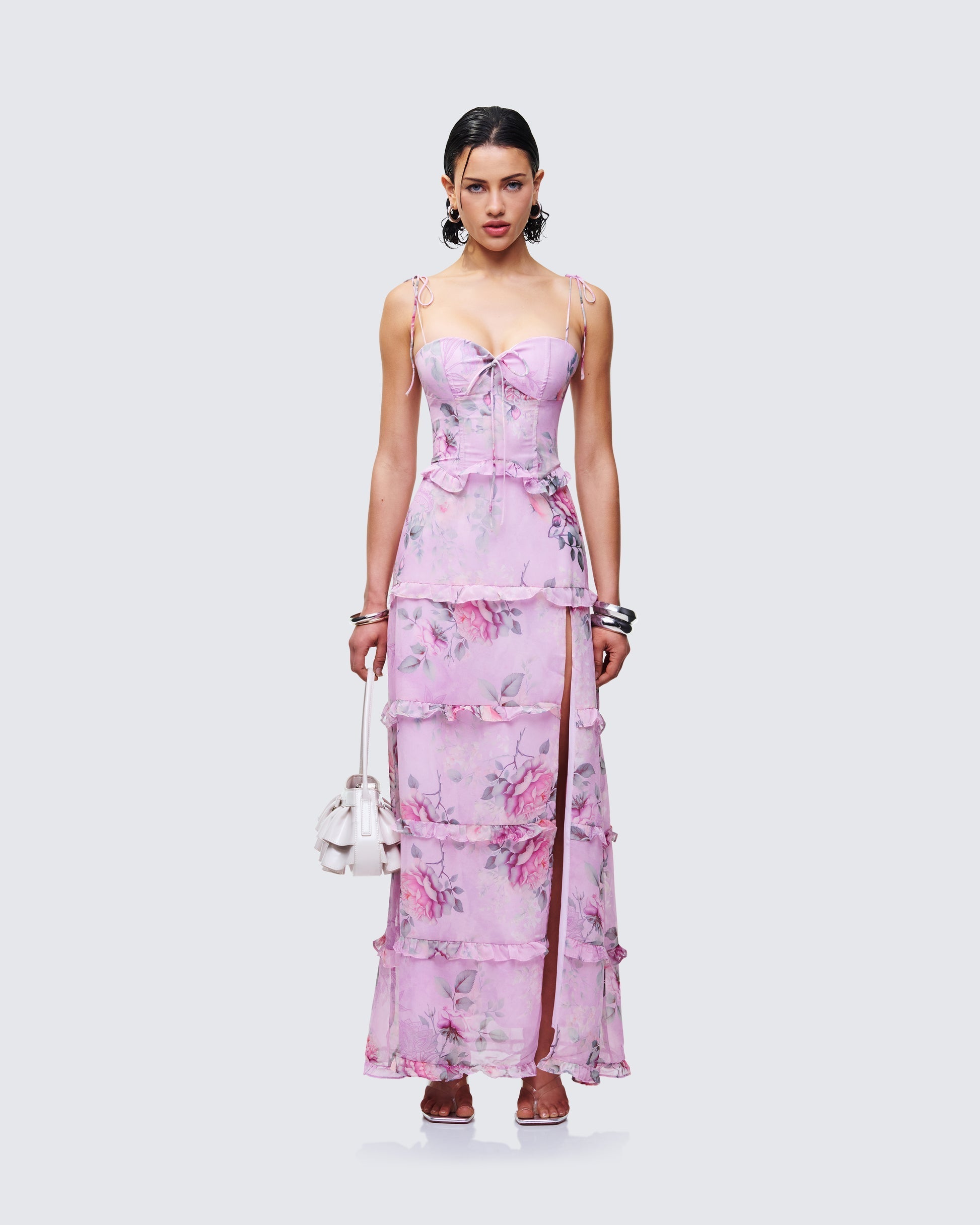 Aven Multi Printed Satin Ruffle Maxi Dress