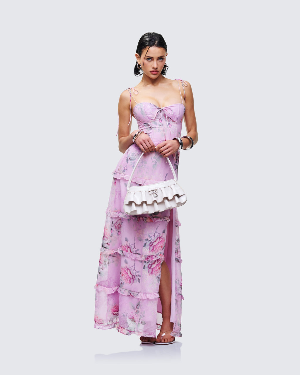 Aven Multi Printed Satin Ruffle Maxi Dress
