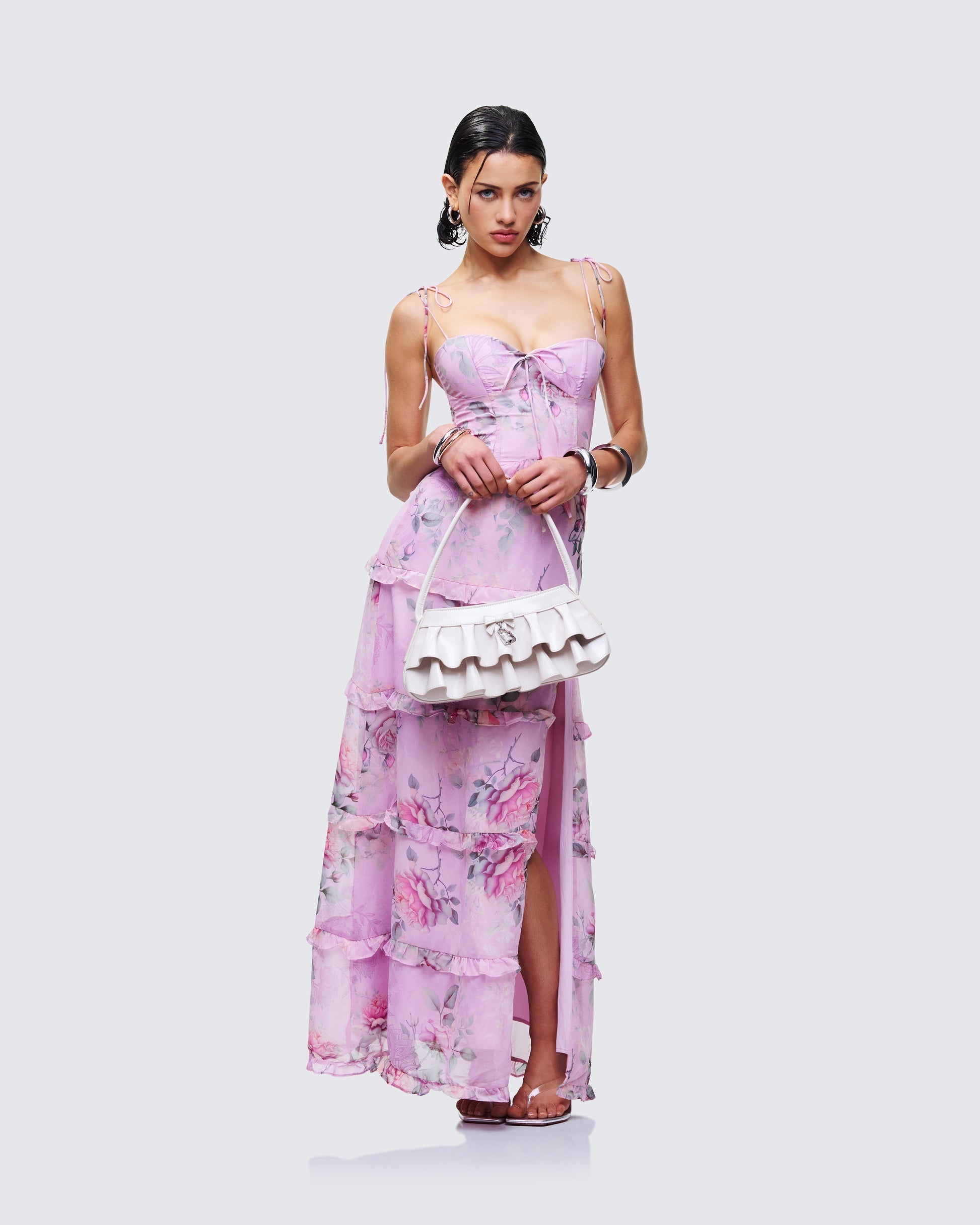 Finesse Aven Multi Printed Satin Ruffle Maxi Dress