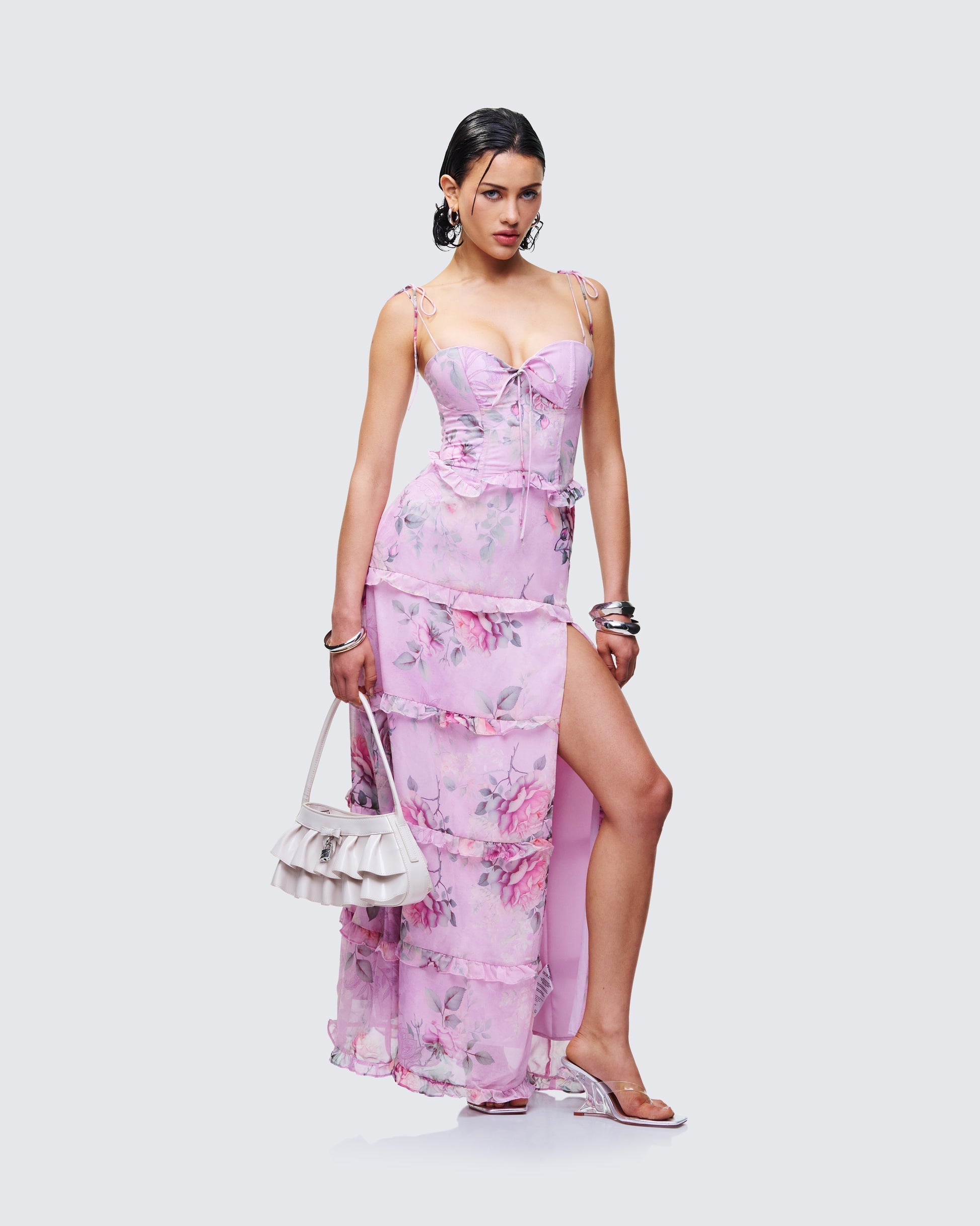 Finesse Aven Multi Printed Satin Ruffle Maxi Dress