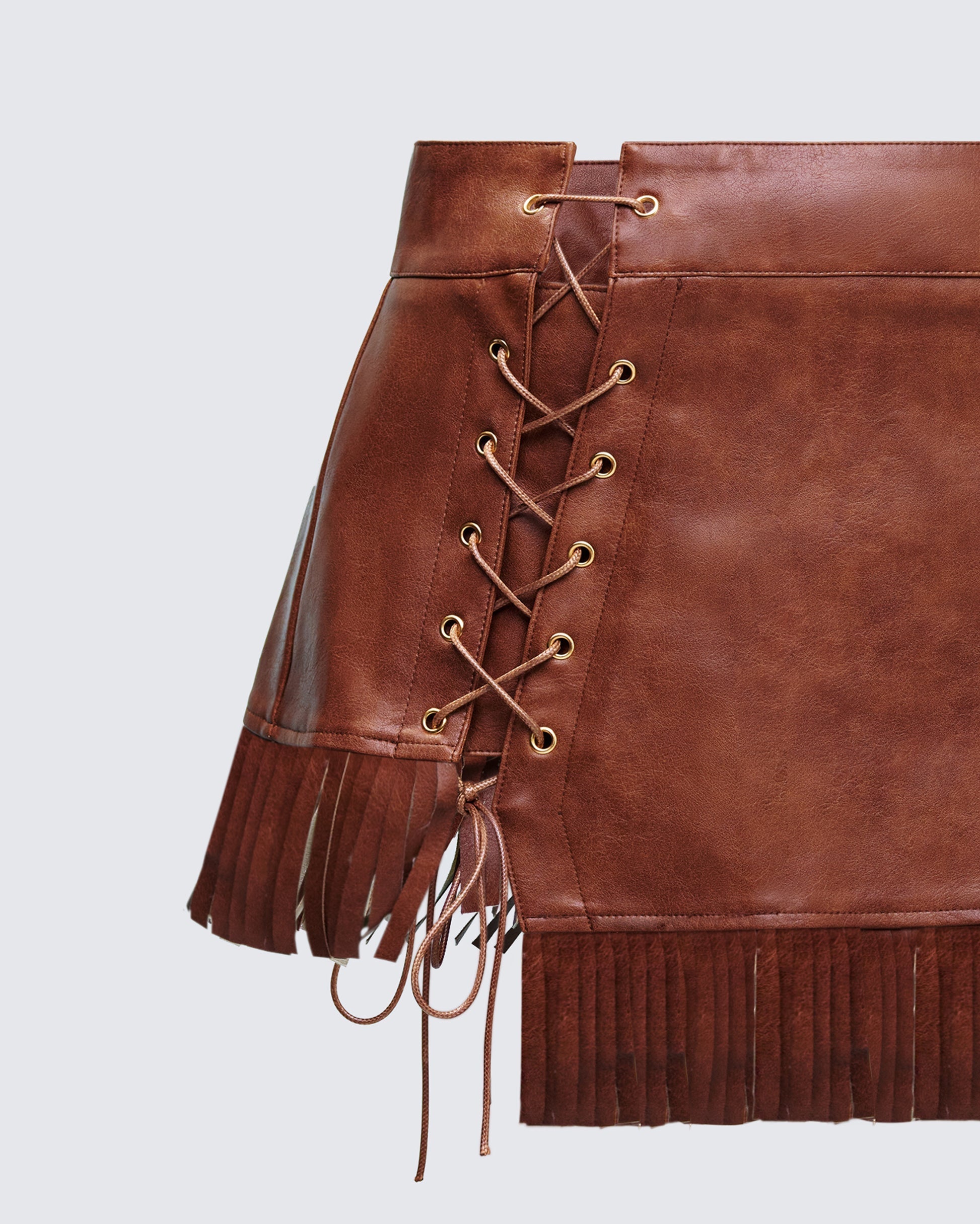 Finesse Breya Brown Vegan Leather Fringe Skirt