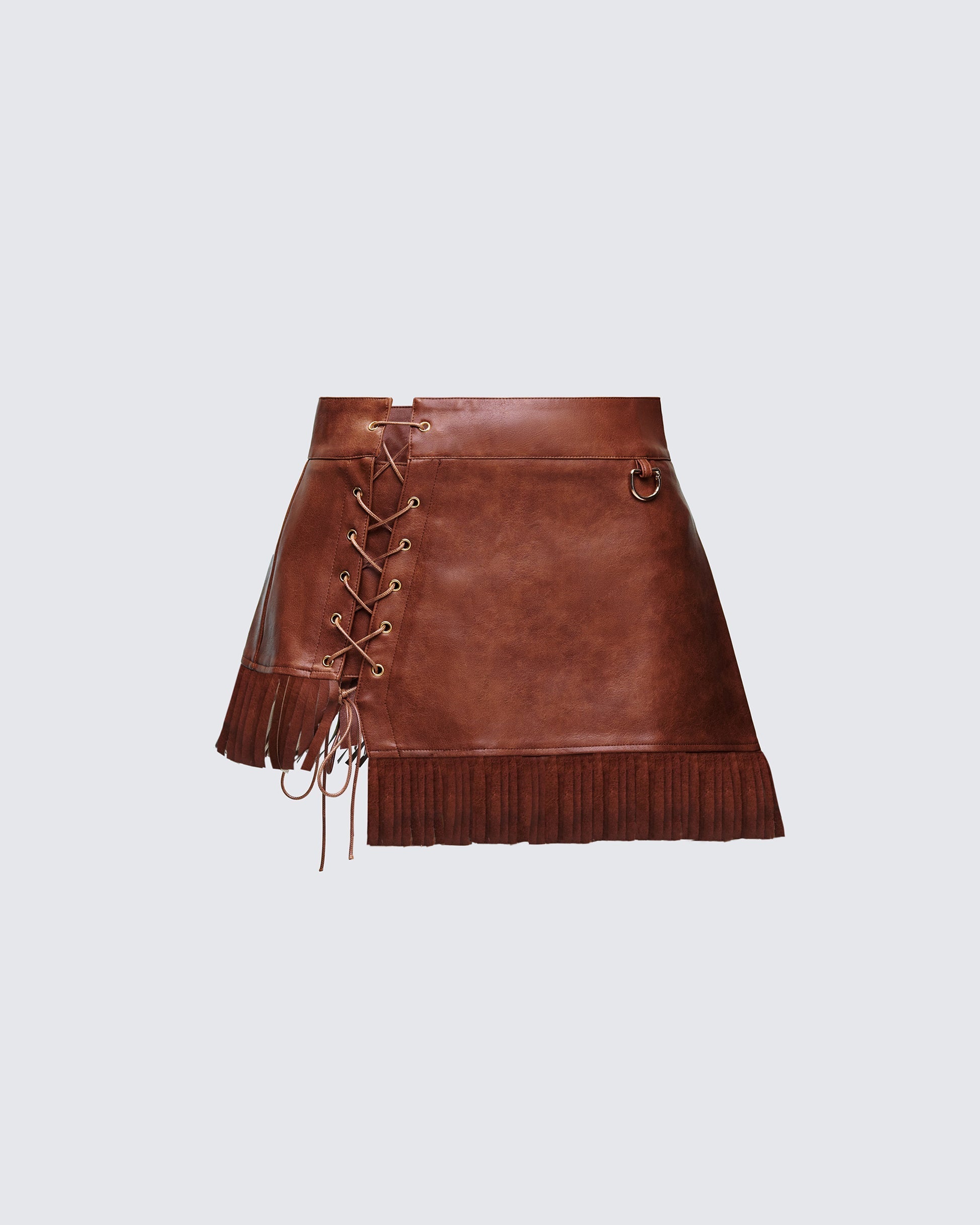 Finesse Breya Brown Vegan Leather Fringe Skirt