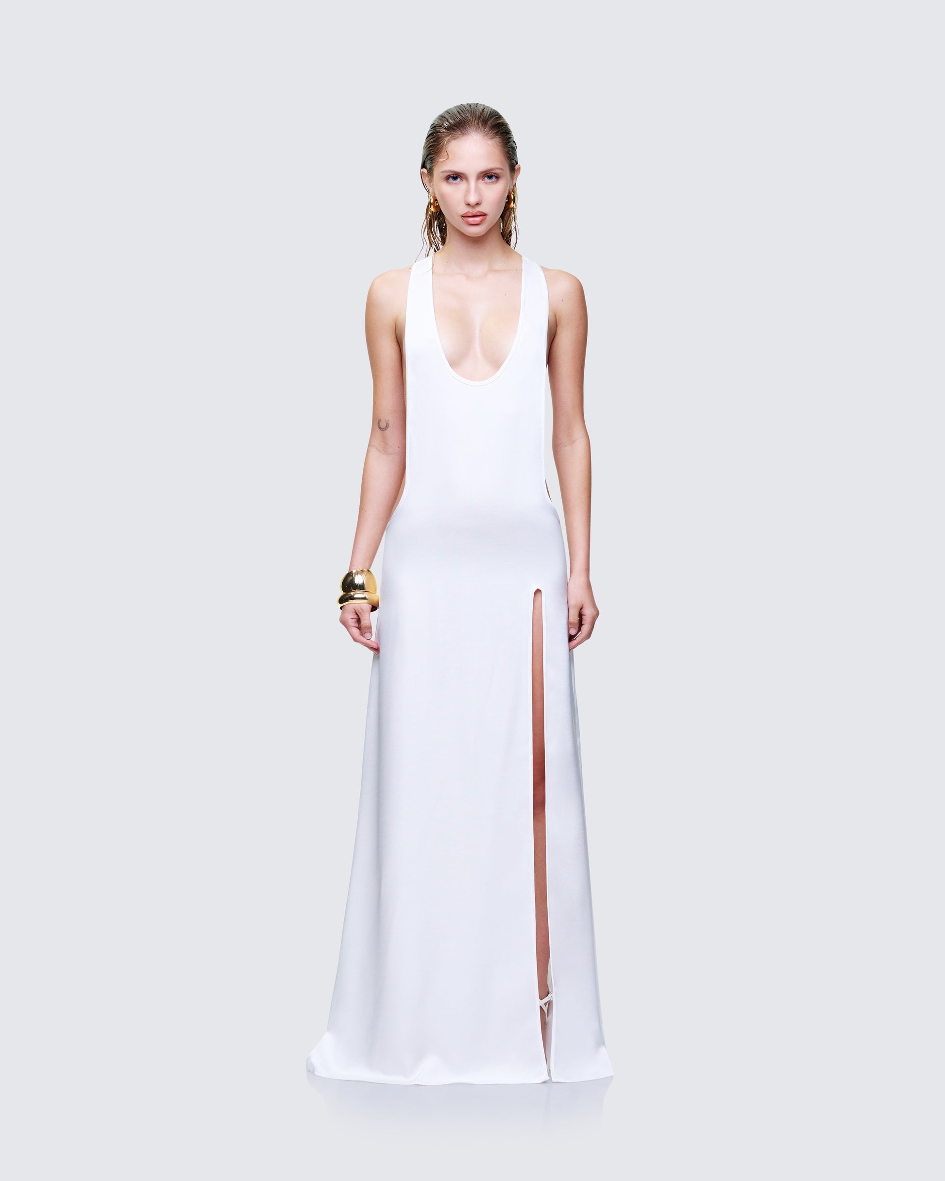 Finesse Dessa White Satin Racer Detail Maxi Dress