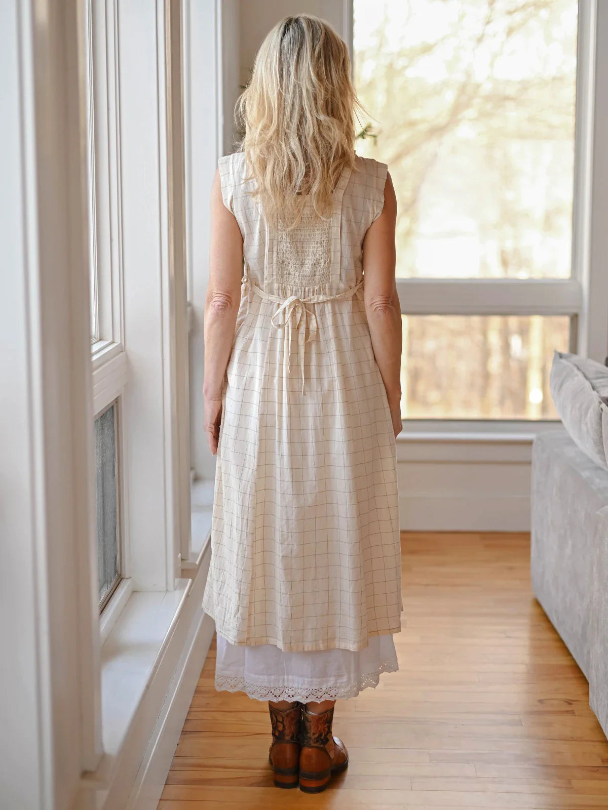 April Cornell Chalet Check Tea Dress - Dark Ecru Sage