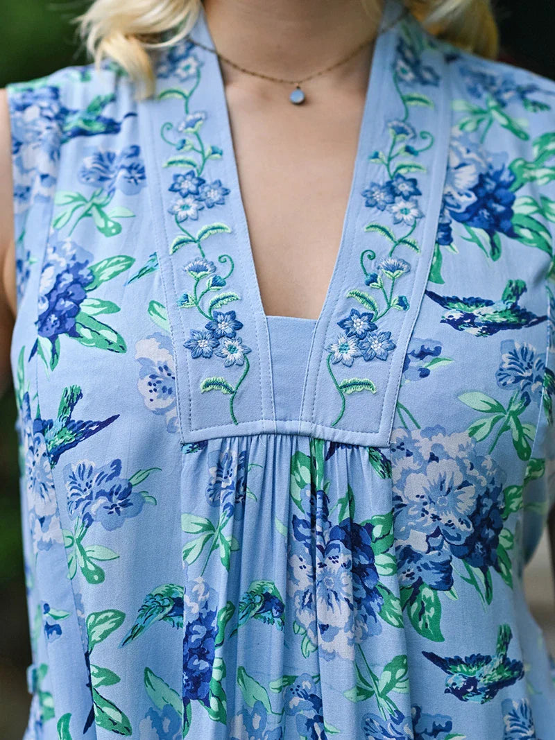 April Cornell Valley of Flowers Sleeveless Dress - Sky Blue