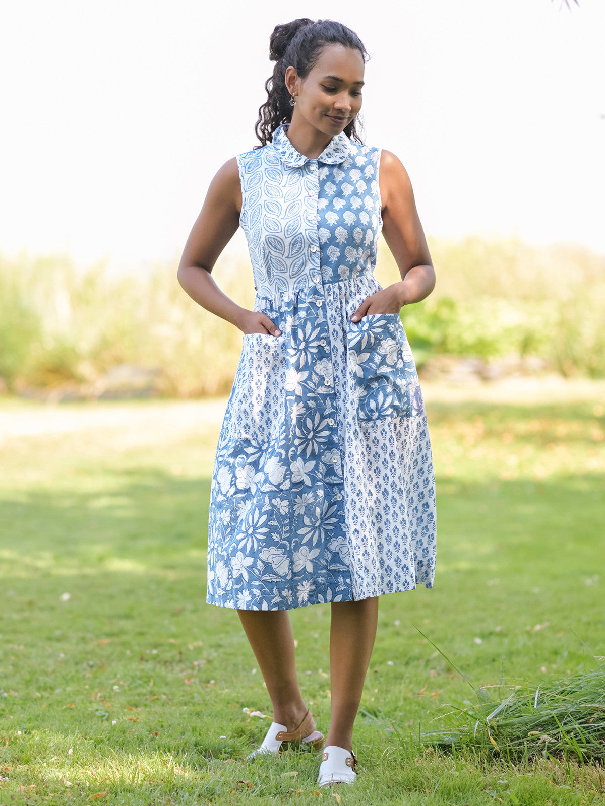 April Cornell Cloud Sky Patchwork Dress - Blue
