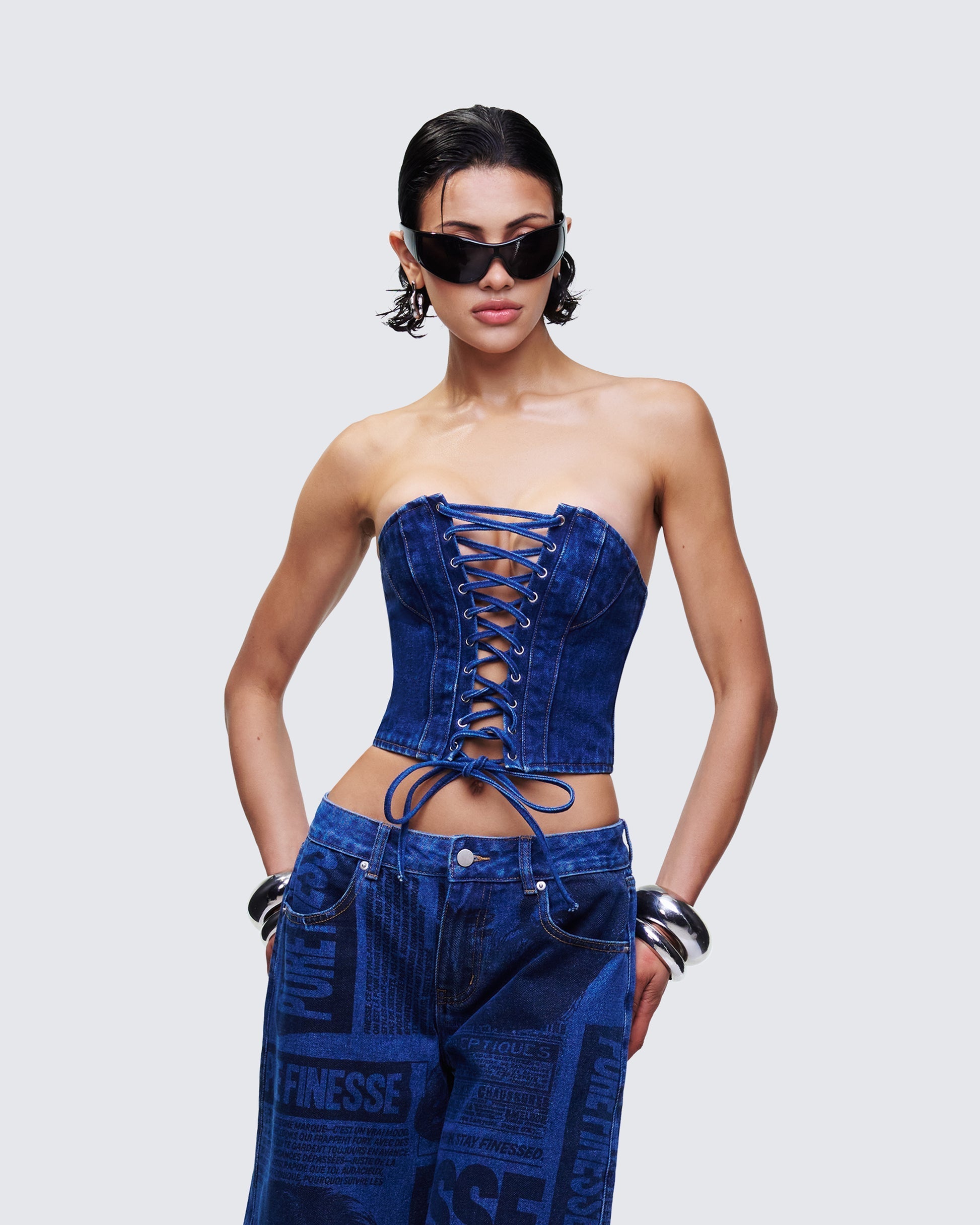 Finesse Electra Blue Denim Lace Up Corset