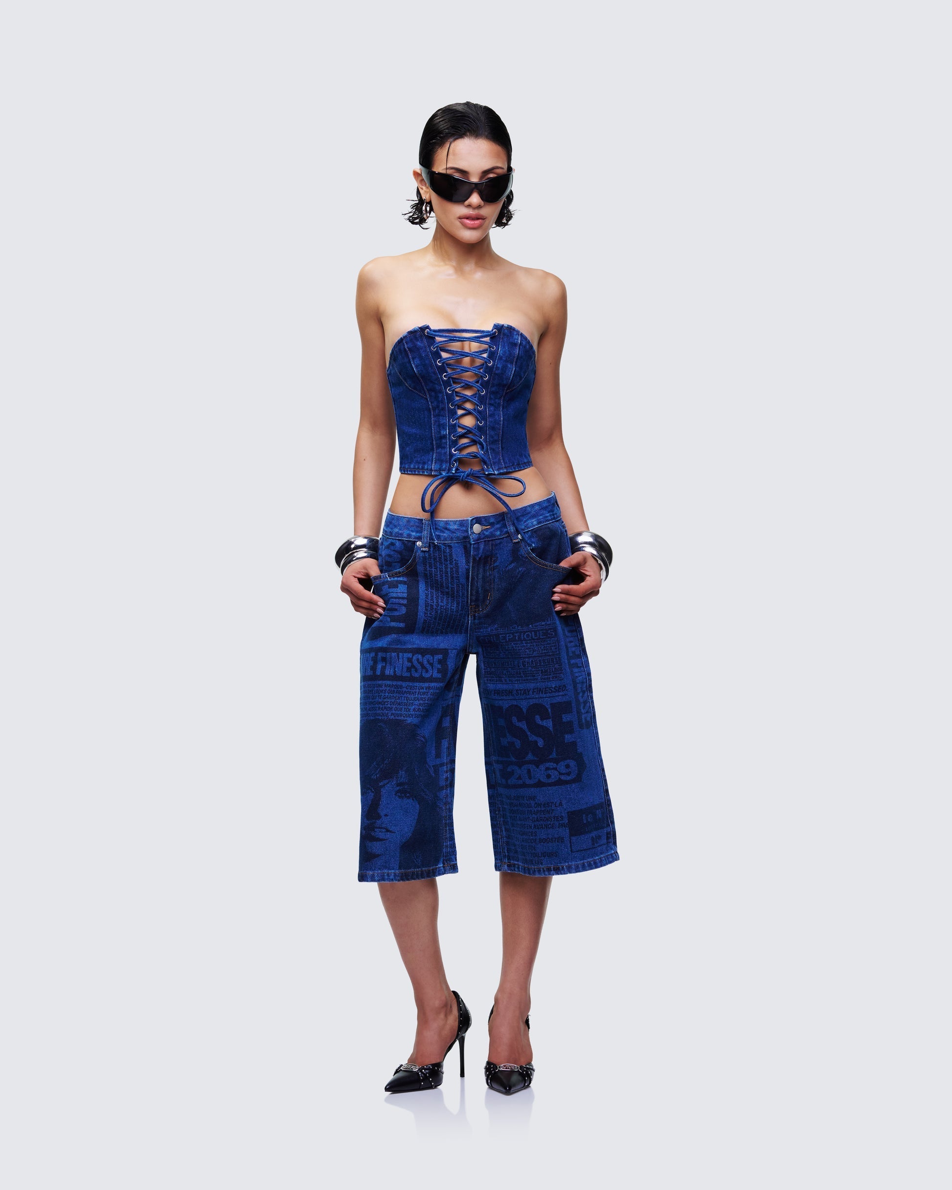 Finesse Electra Blue Denim Lace Up Corset