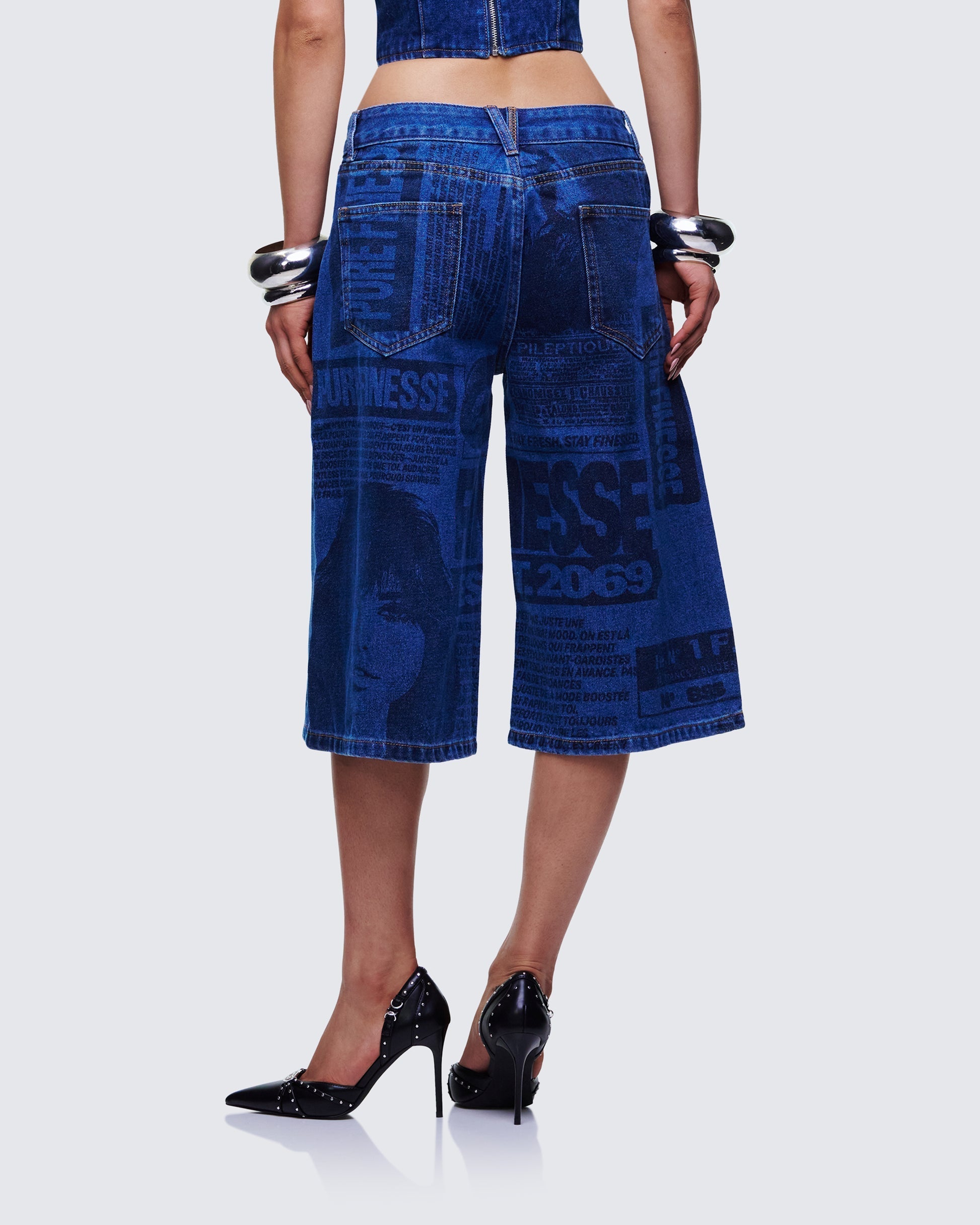Finesse Electra Blue Denim Printed Jorts