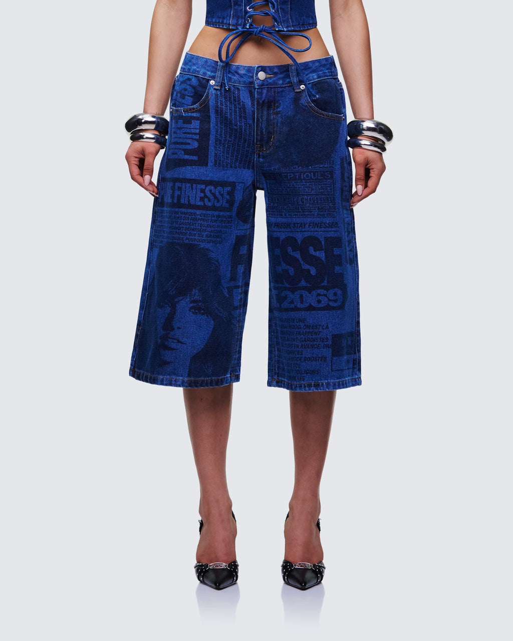 Finesse Electra Blue Denim Printed Jorts
