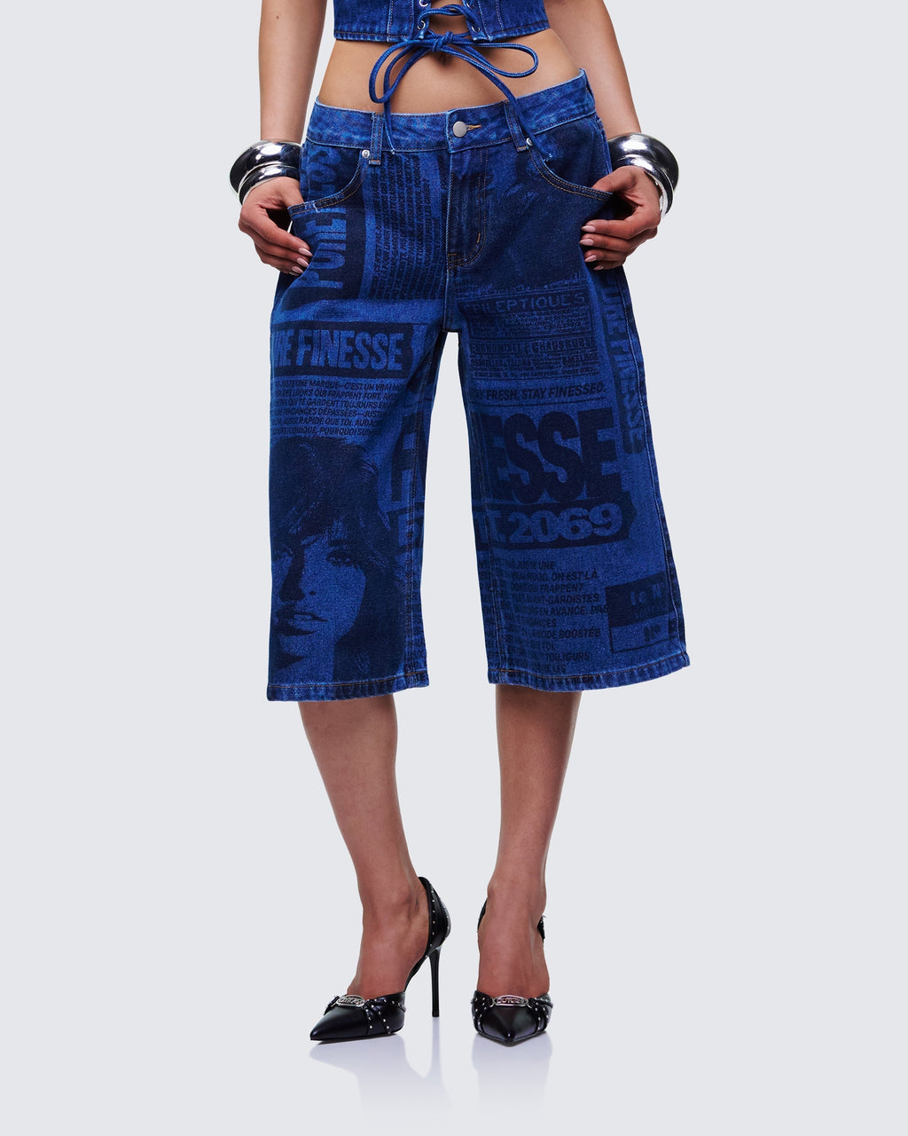 Finesse Electra Blue Denim Printed Jorts