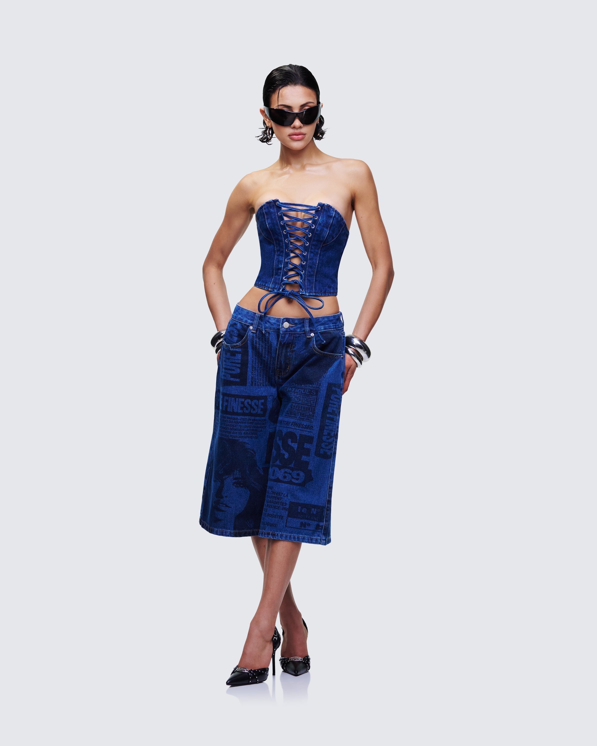 Finesse Electra Blue Denim Printed Jorts