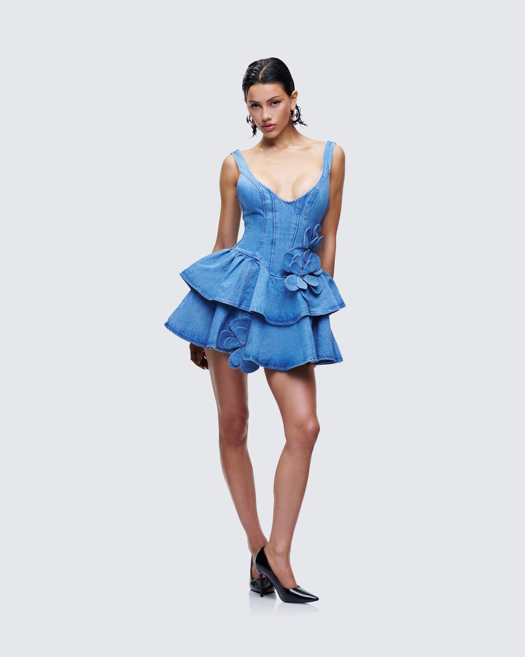 Emelina Blue Denim Flower Frill Mini Dress