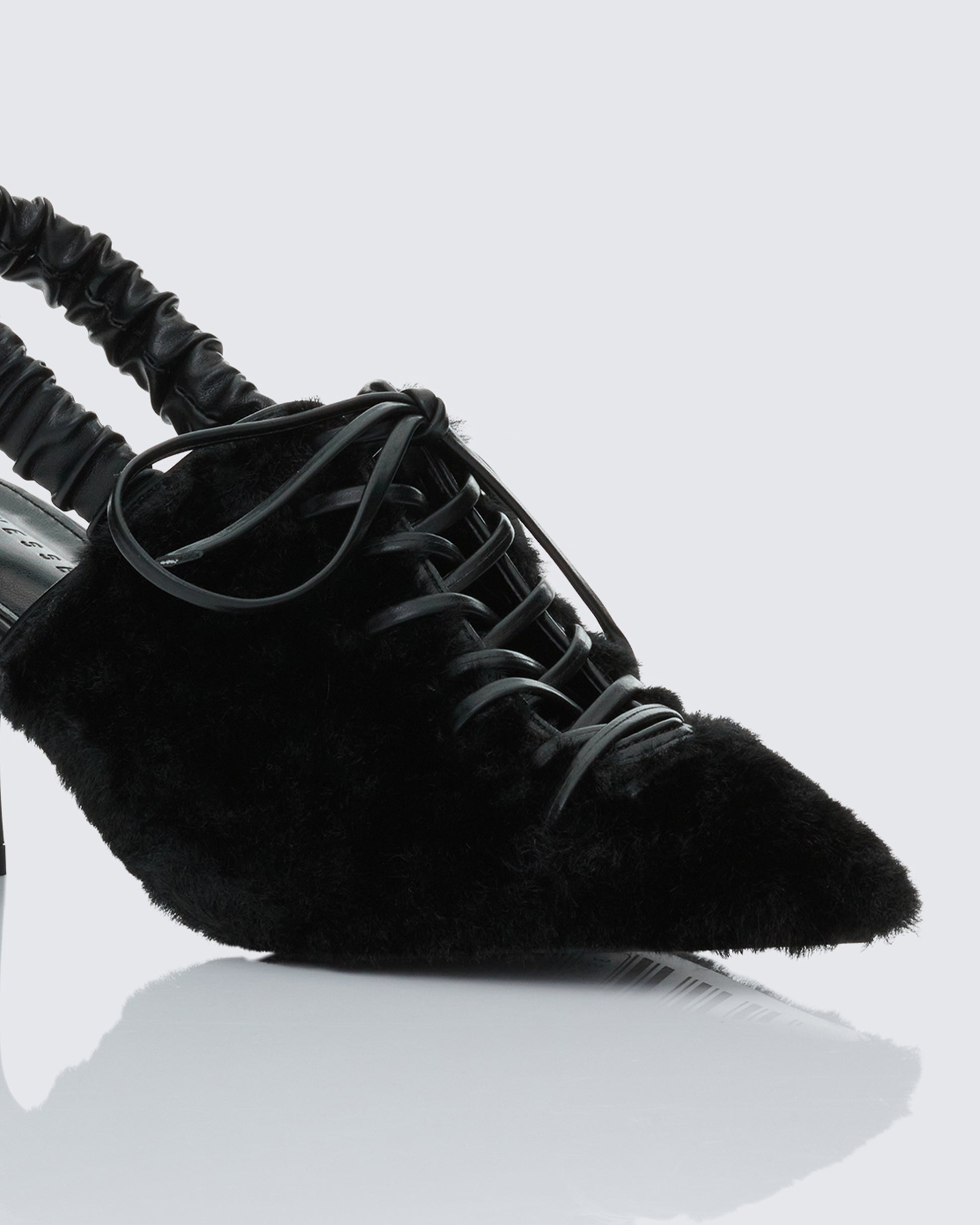 Finesse Esme Black Fur Lace Up Corset Mule