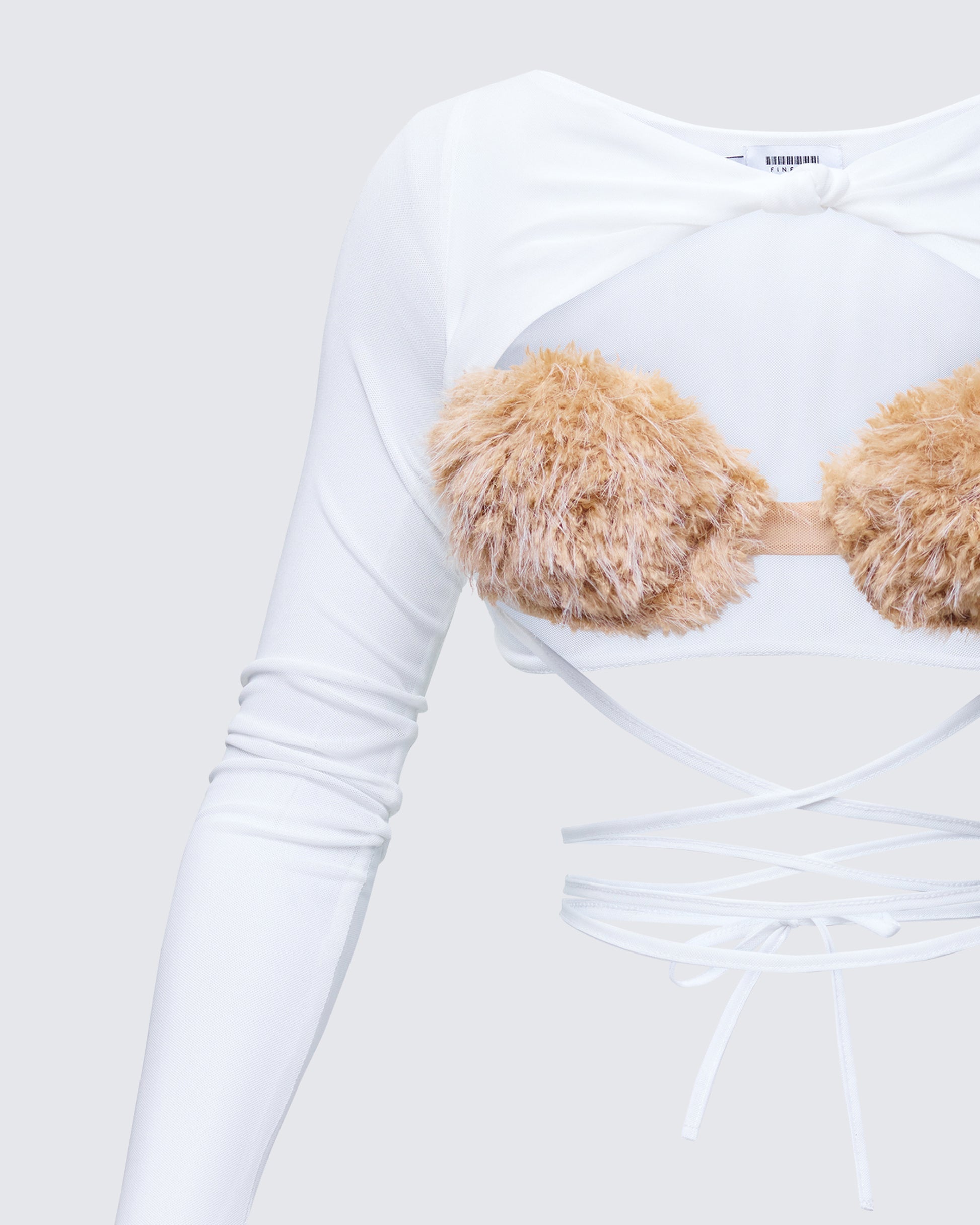 Finesse Eyra White Mesh Faux Fur Bust Wrap Top