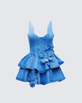 Emelina Blue Denim Flower Frill Mini Dress