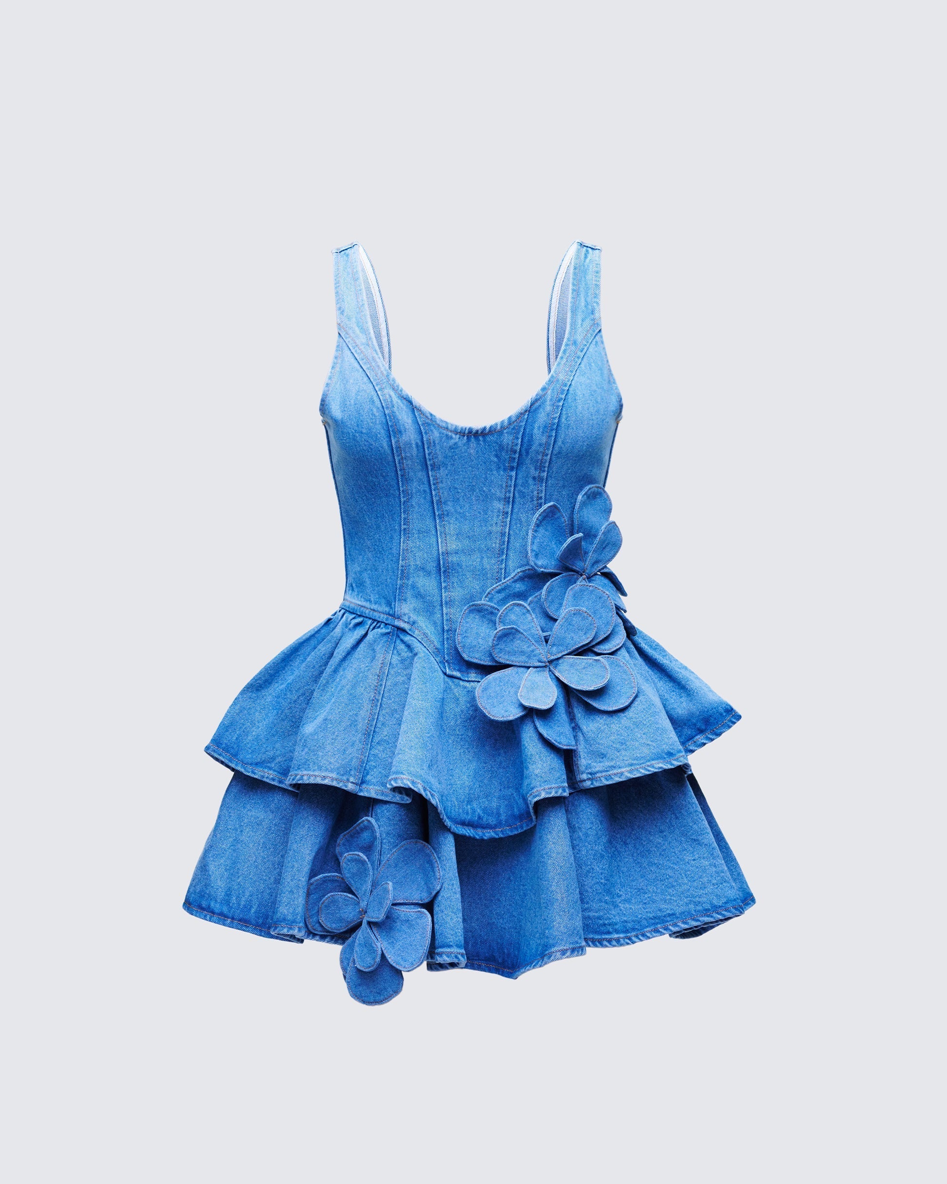 Emelina Blue Denim Flower Frill Mini Dress