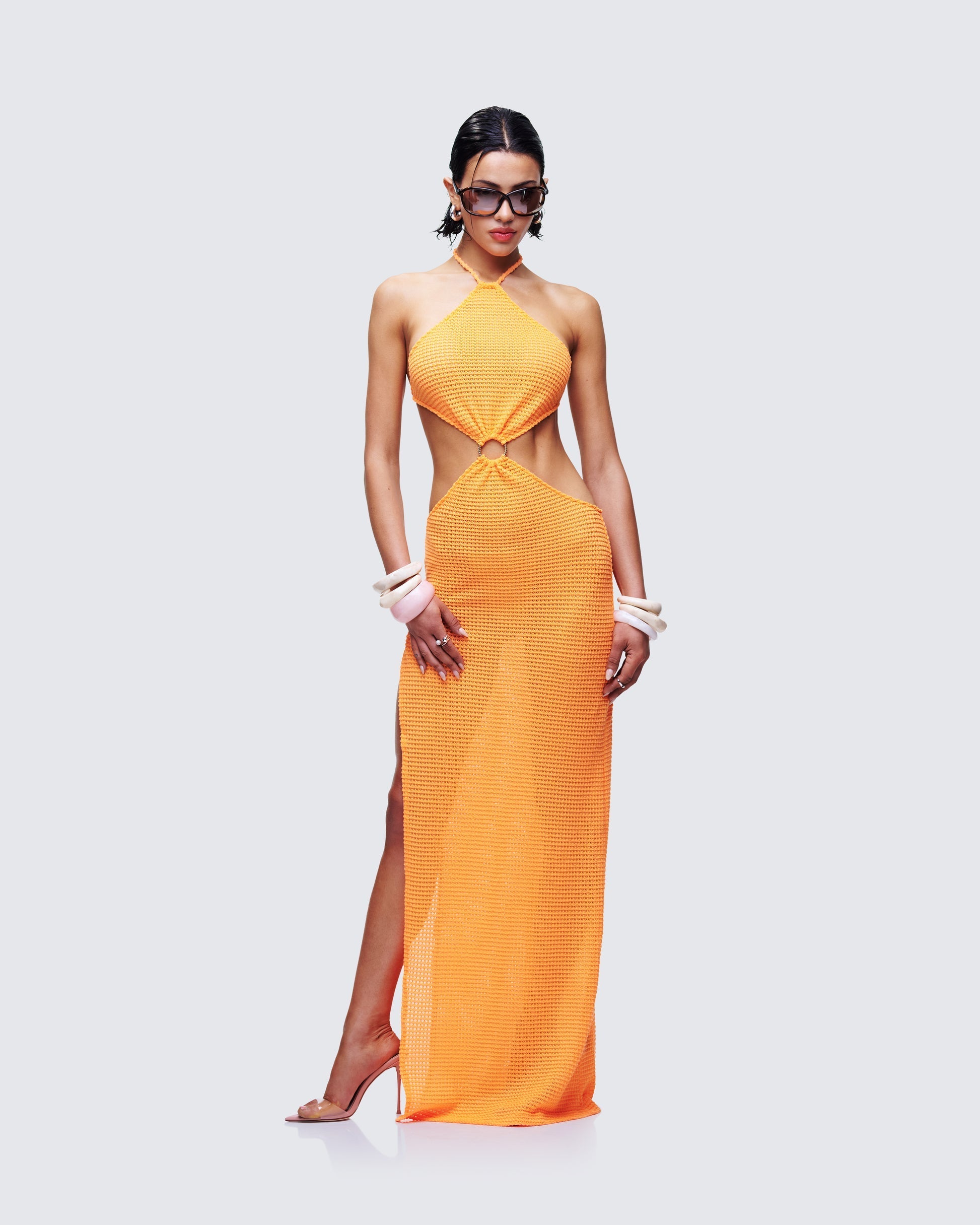 Finesse Tovi Orange Open Knit Maxi Dress