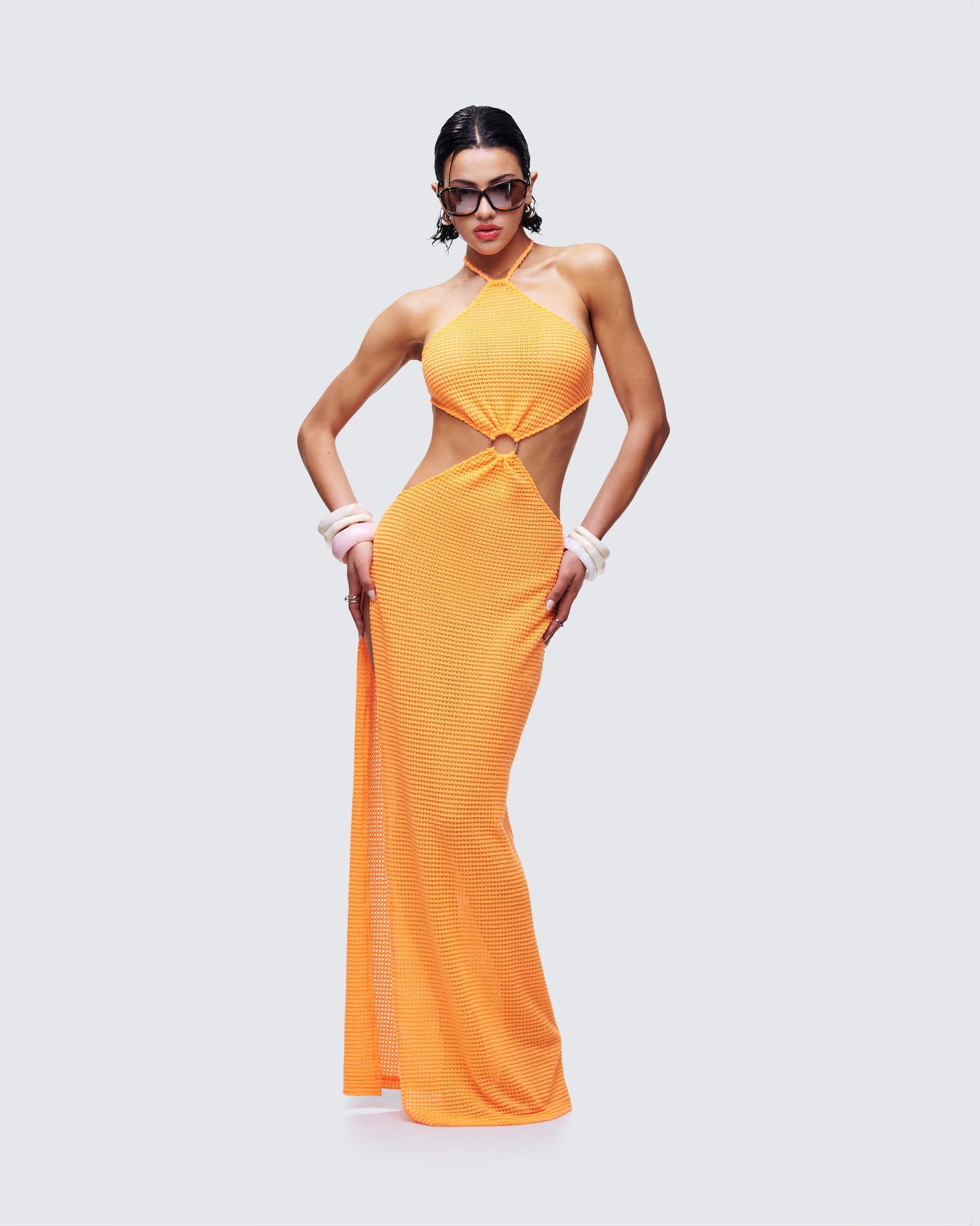 Finesse Tovi Orange Open Knit Maxi Dress