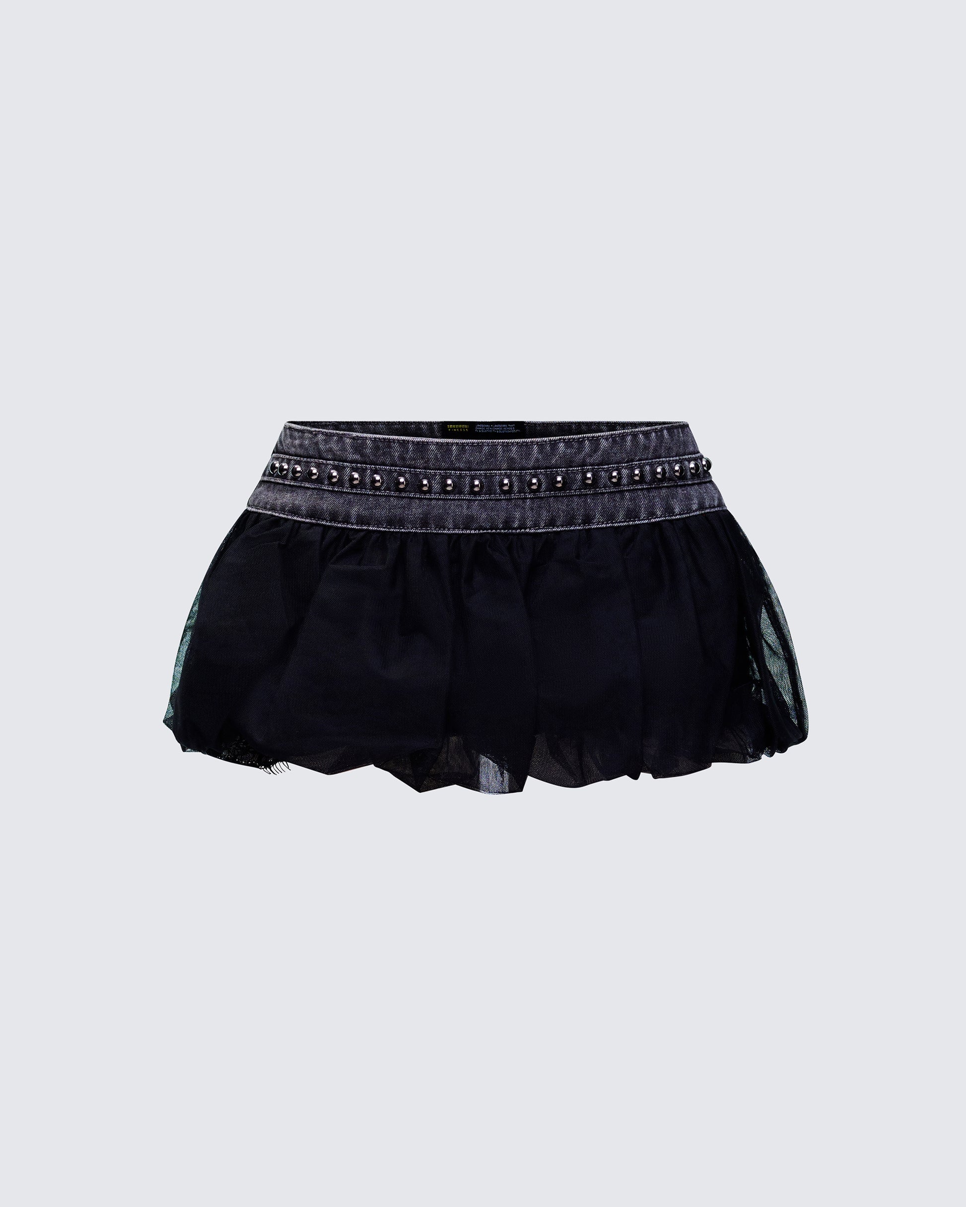 Finesse Titan Black Denim Puffball Mini Skirt