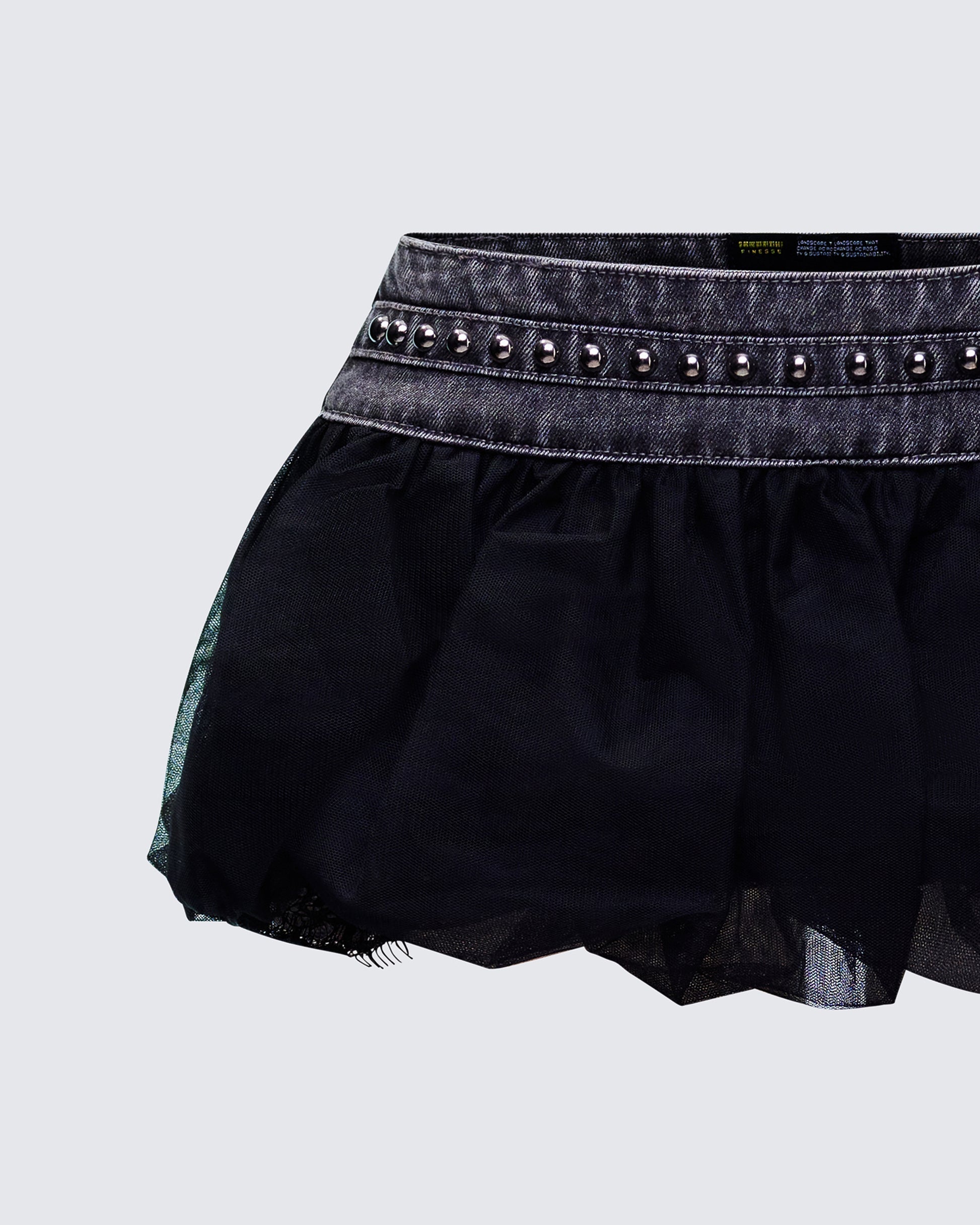 Finesse Titan Black Denim Puffball Mini Skirt