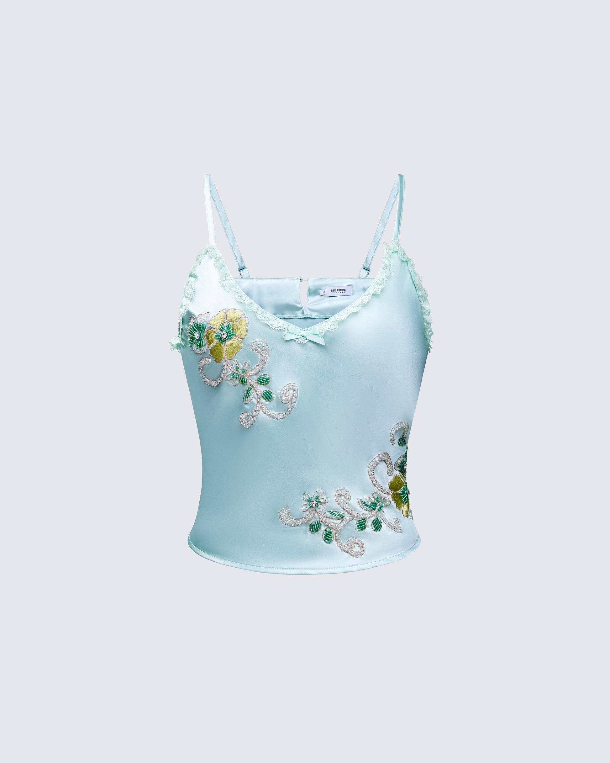 Finesse Lila Green Embellished Satin Cami Top