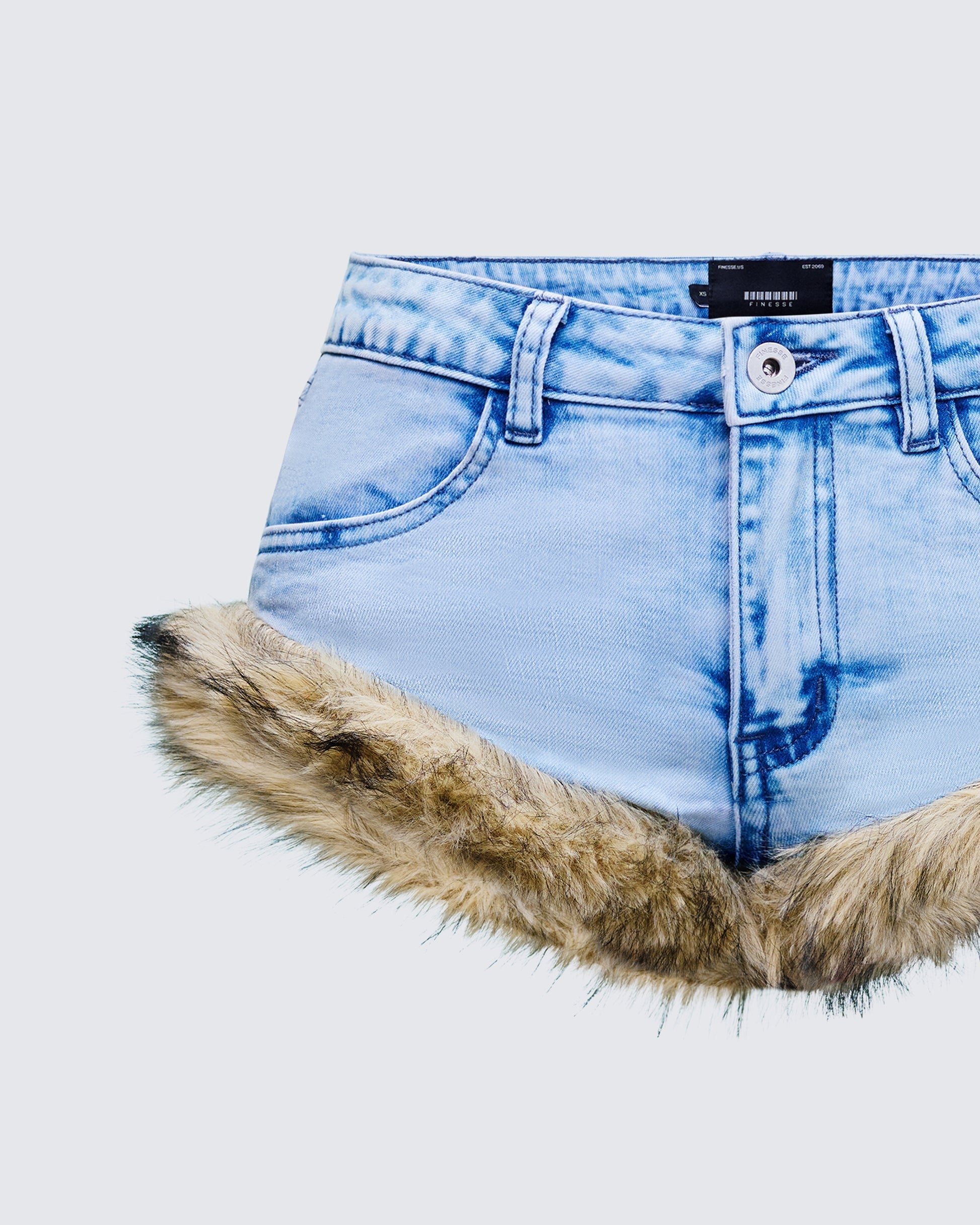 Finesse Megari Denim Faux Fur Trim Mini Shorts