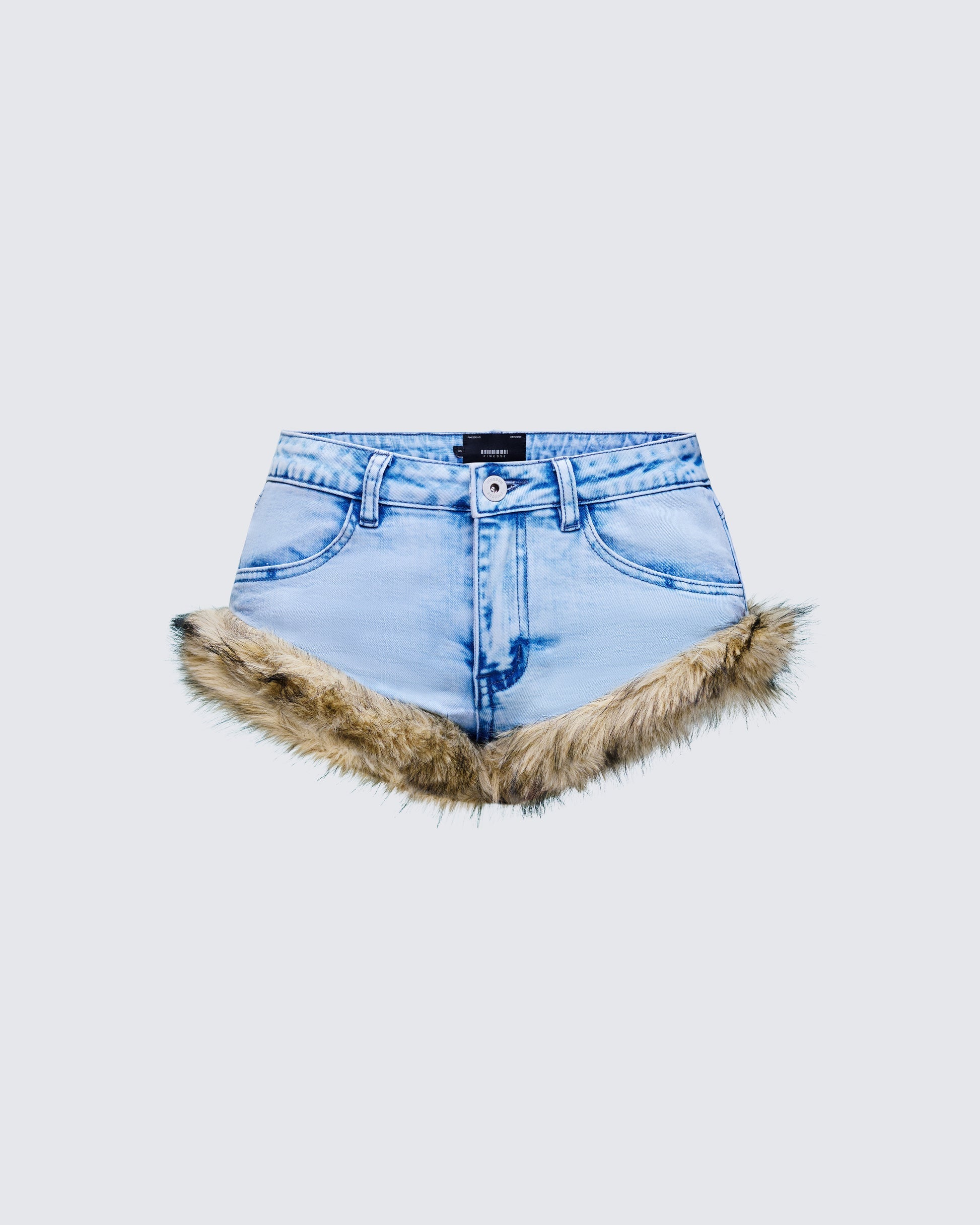 Finesse Megari Denim Faux Fur Trim Mini Shorts