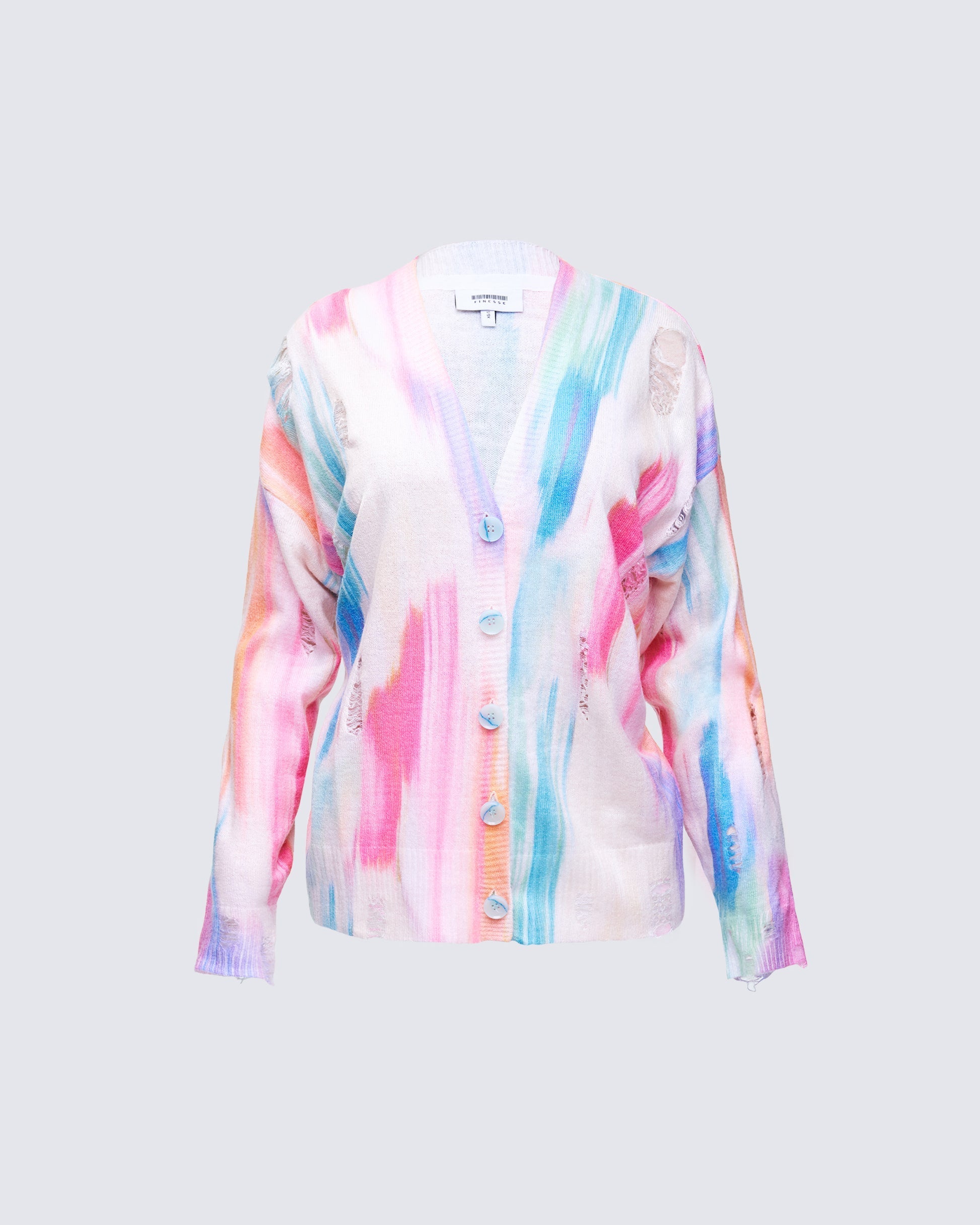Finesse Omie Multi Print Distressed Cardigan
