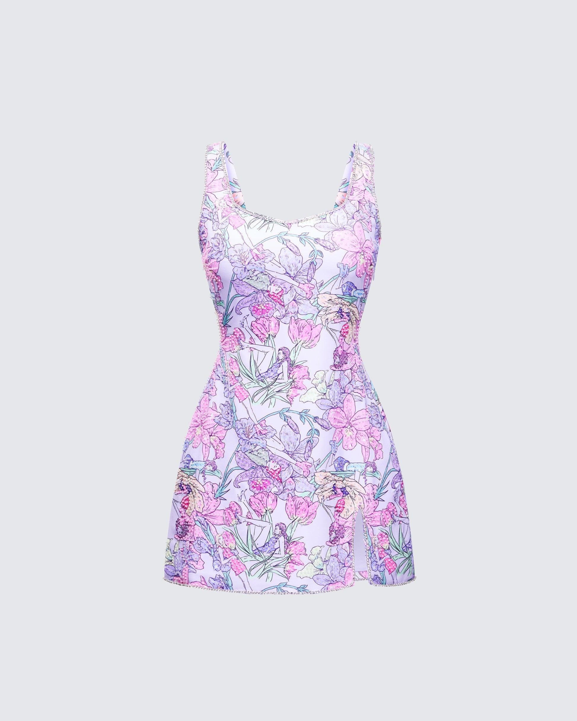 Finesse Seraphina Lilac Printed Hand Embellished Mini Dress