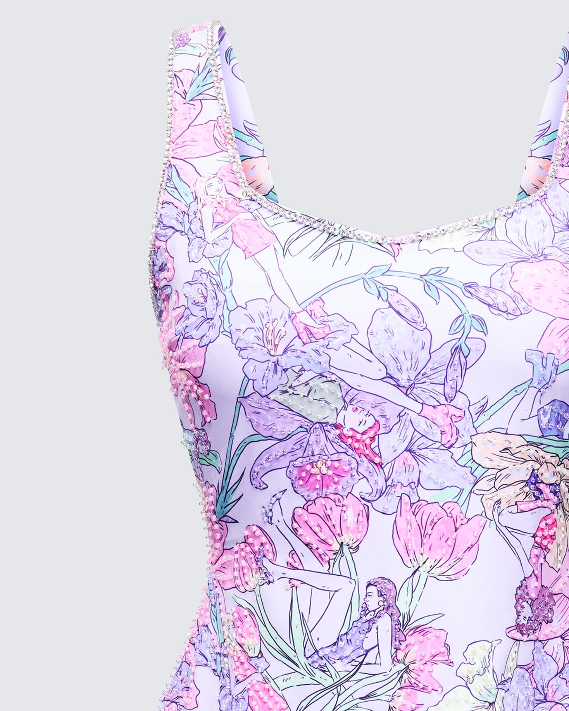 Finesse Seraphina Lilac Printed Hand Embellished Mini Dress