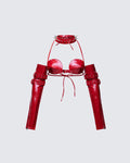 Finesse Zaynah Red Vinyl Cone Cup Bra, Choker & Gloves