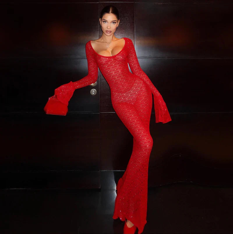 Mermaid Way Florence Red Crochet Bodycon Maxi Dress