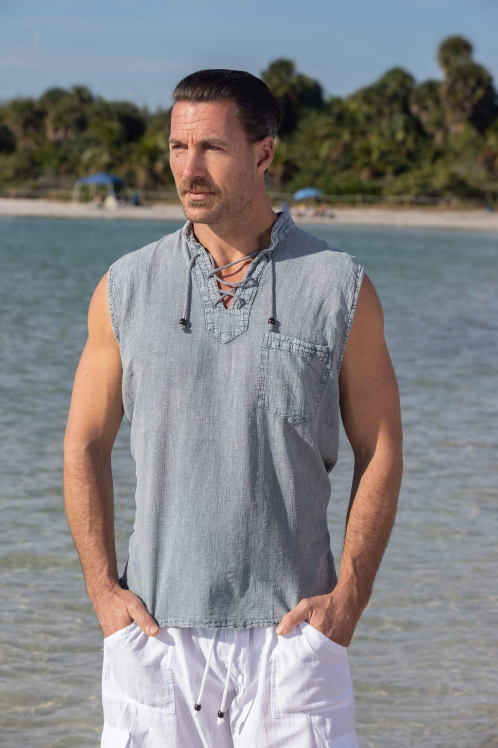 Cotton Natural Men's Mykonos Fossil Gray Sleeveless Shirt