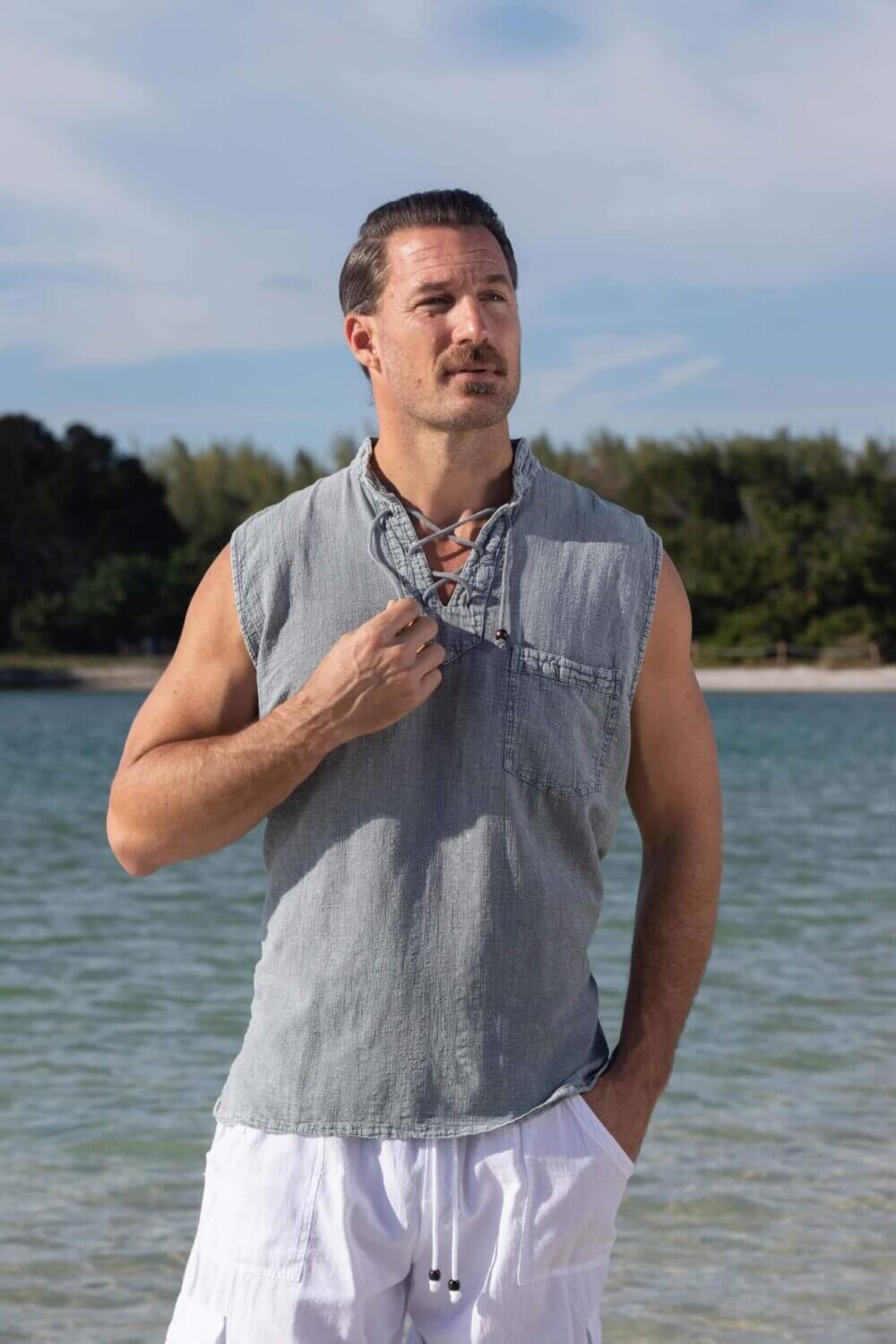 Cotton Natural Men's Mykonos Fossil Gray Sleeveless Shirt