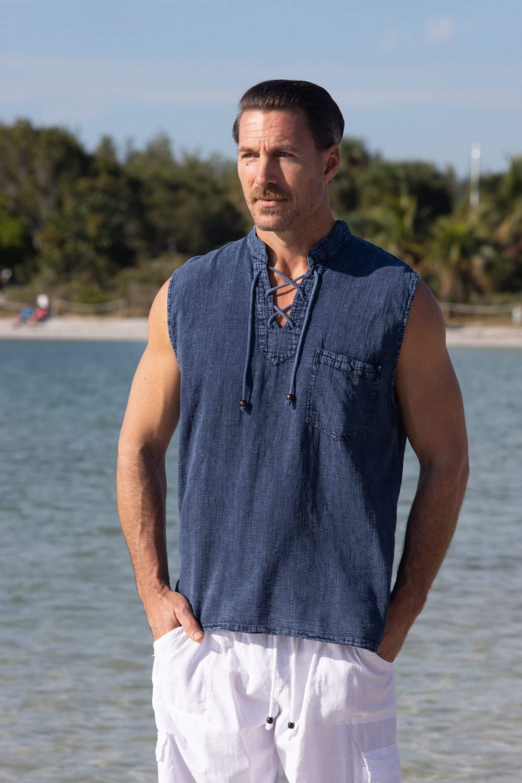Cotton Natural Men's Mykonos Midnight Blue Sleeveless Shirt