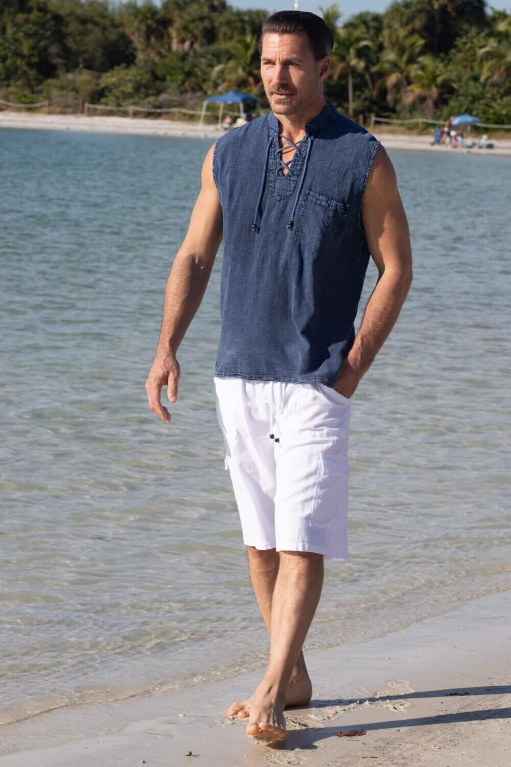 Cotton Natural Men's Mykonos Midnight Blue Sleeveless Shirt