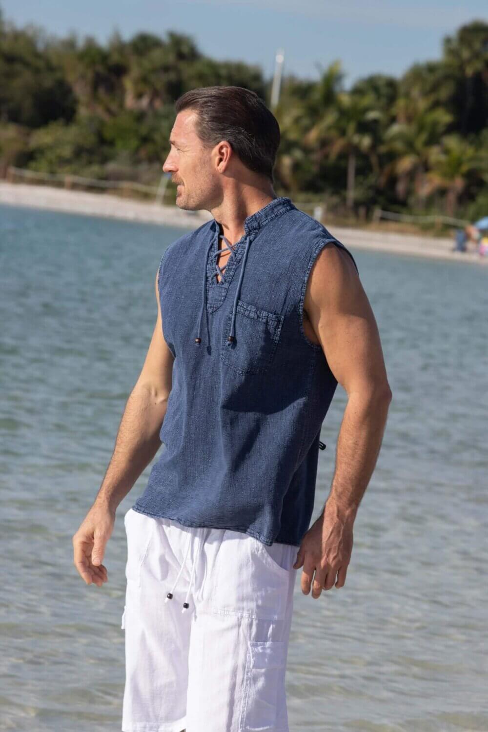 Cotton Natural Men's Mykonos Midnight Blue Sleeveless Shirt