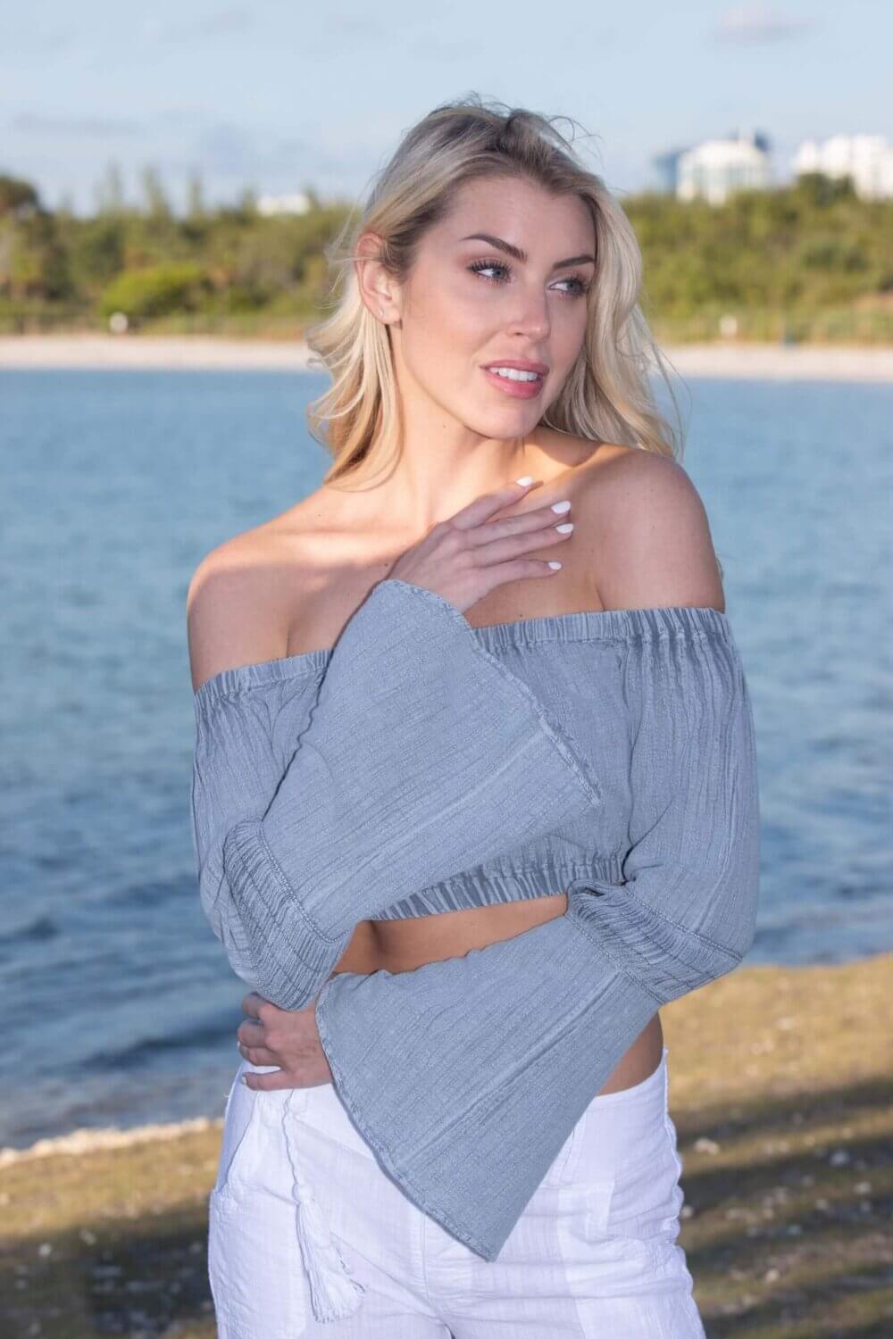 Cotton Natural Women's Flare Fossil Gray Off-Shoulder Top