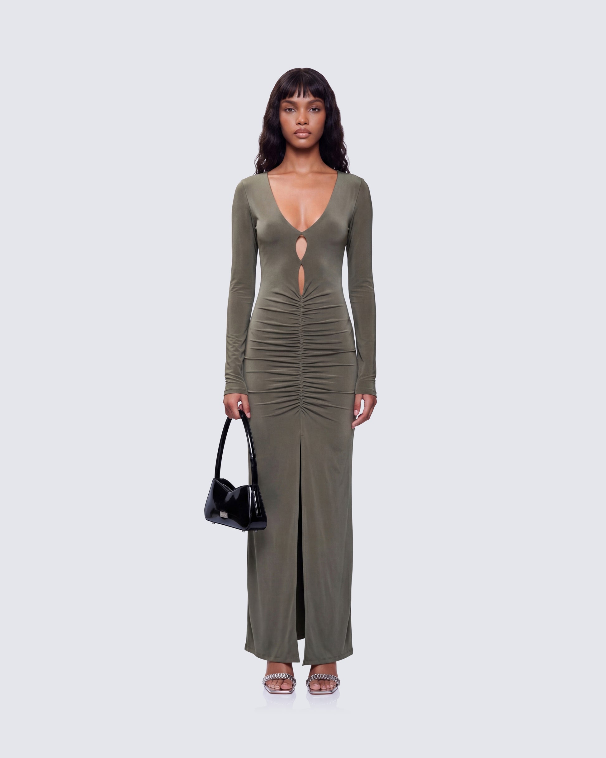 Finesse Isley Green Cut Out Ruched Maxi Dress