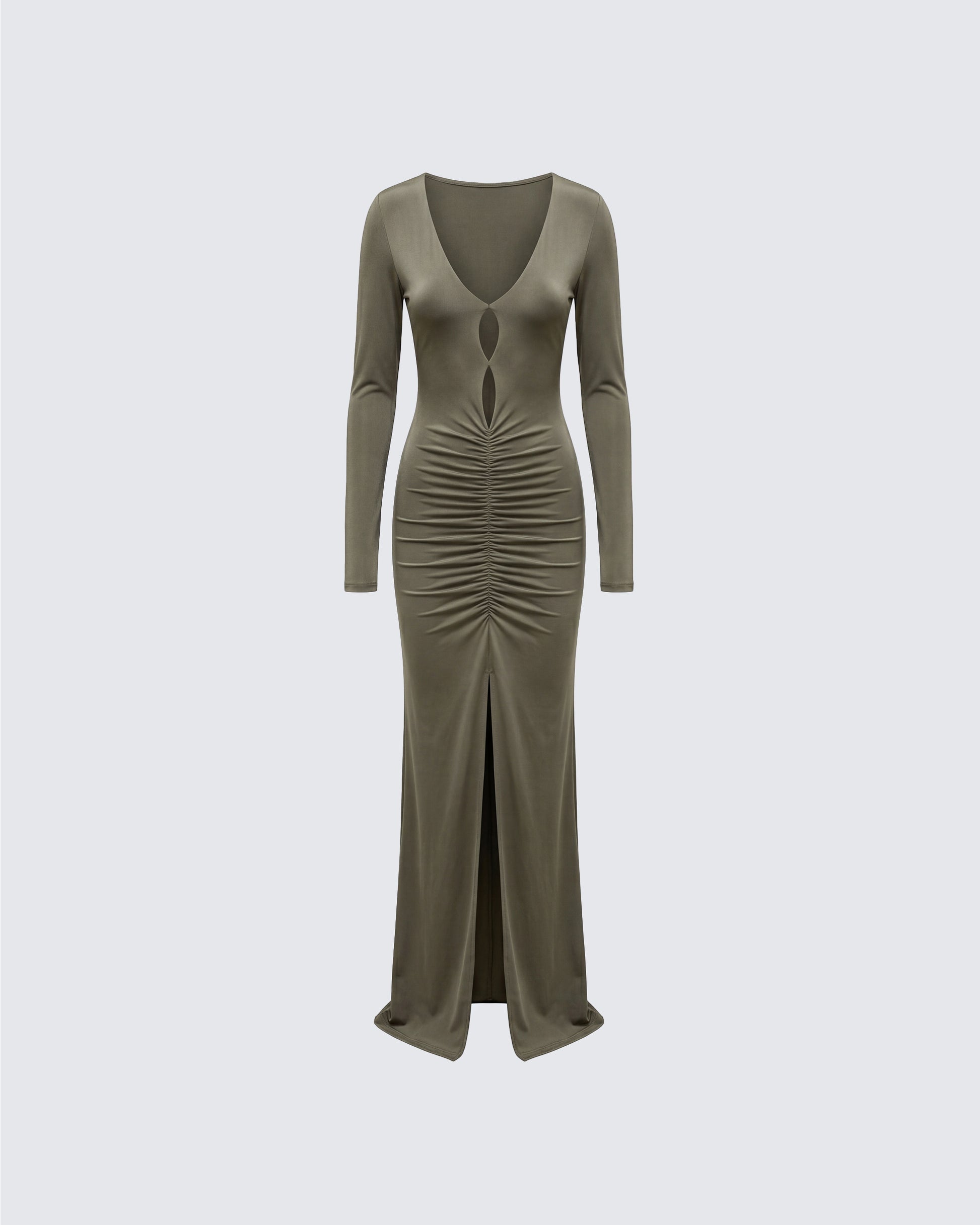 Finesse Isley Green Cut Out Ruched Maxi Dress